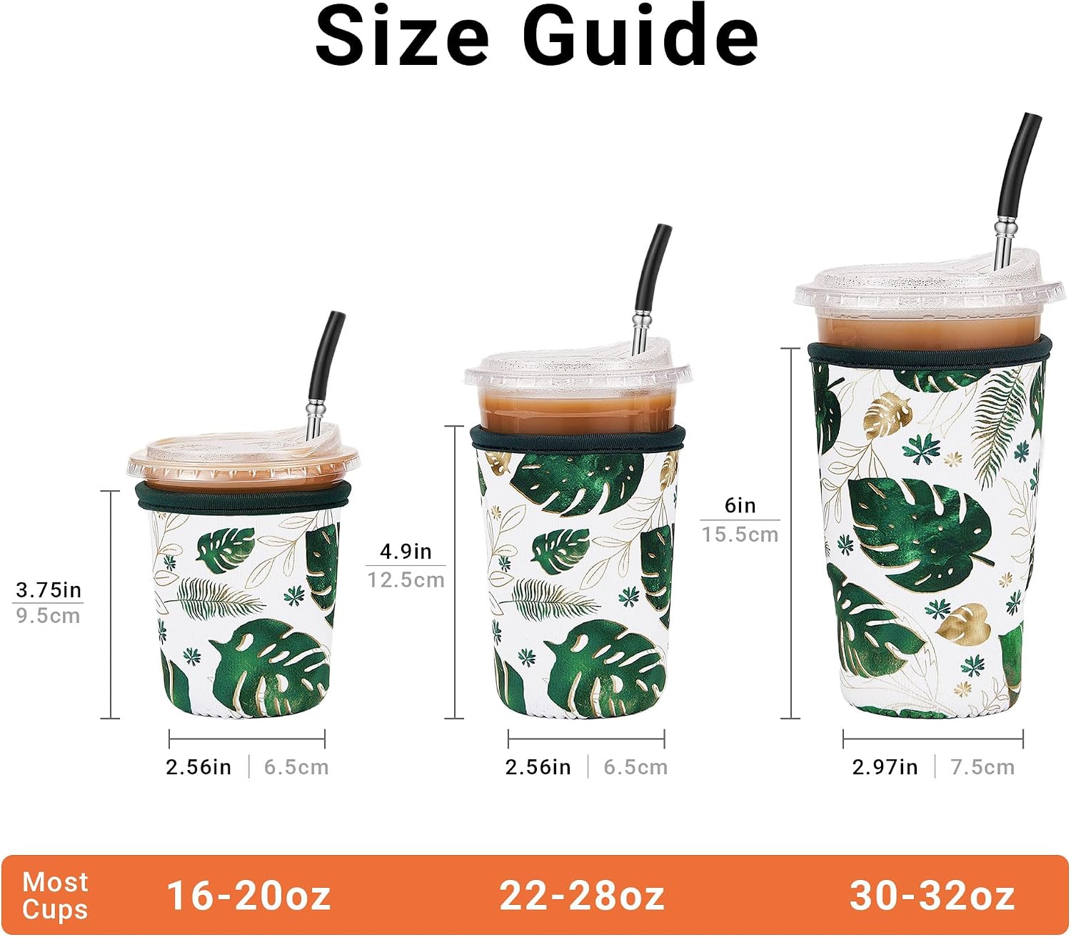 3 Pack Iced Coffee Sleeve Reusable - Neoprene Insulated Cup Sleeve for Cold and Hot Drinks 16-32oz, Keeps Hands Dry and Drinks Cold - Monstera Leaf image 2