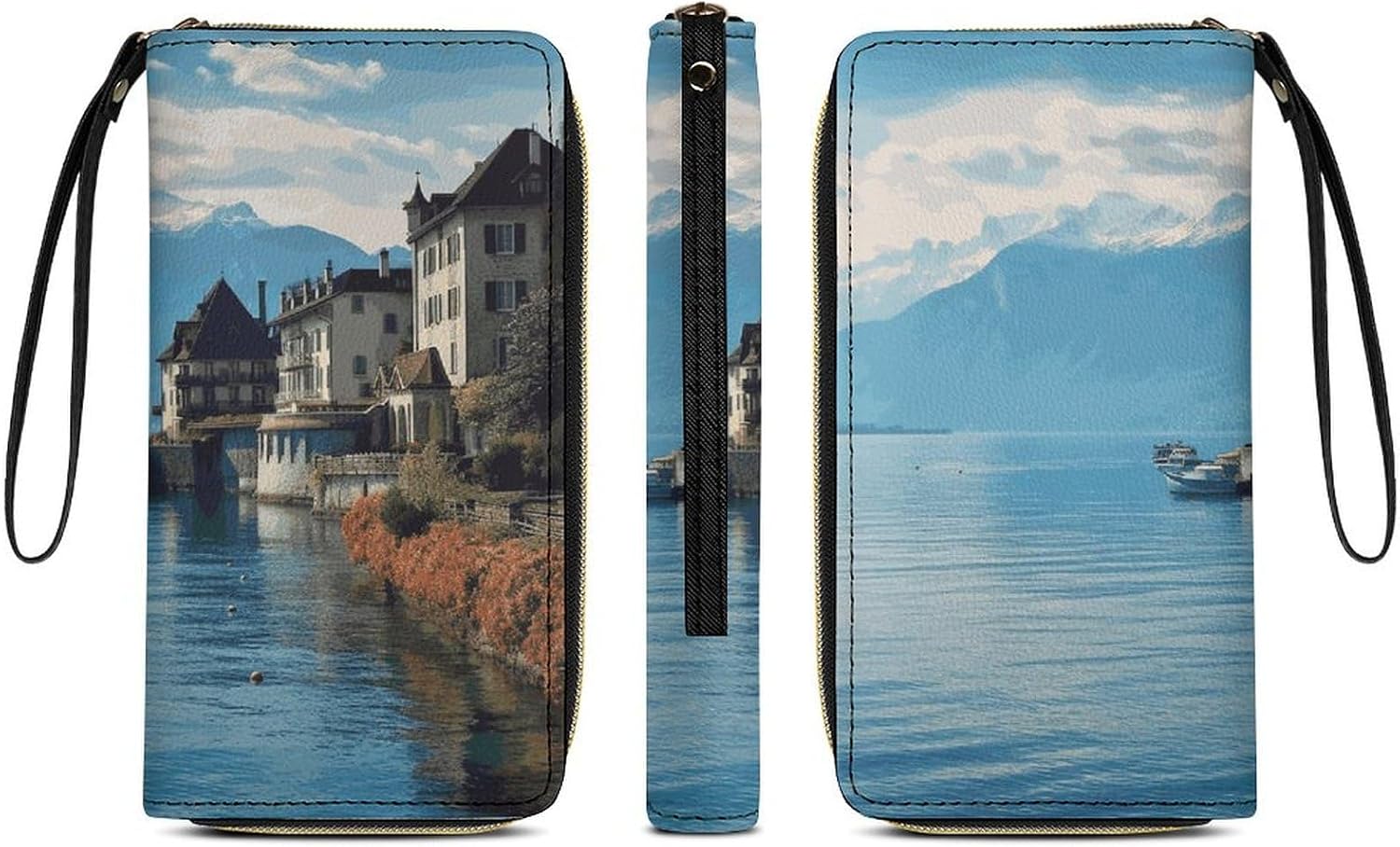 Womens Wallet Lake Geneva Switzerland Printed Wristlet Wallets for Women Large Capacity Credit Card Holder Ladies Phone Clutch Leather Zip Around Clutch Wallet