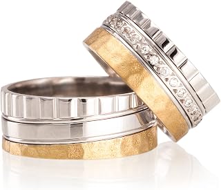 Hammered Wedding Ring Set 14K Gold Plated Couple Matching Wedding Band Set Personalized Man and Woman Silver Wedding Ring Set