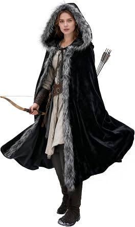 UQJE Viking Fur Cloak with Hood, Medieval Renaissance Velvet Cape