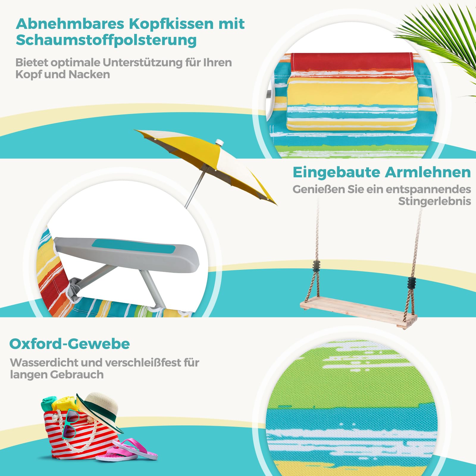 COSTWAY Strandstühle klappbar leicht, 2er Set, Campingstühle mit Verstellbarer Rückenlehne, Kopfstütze, Seitentaschen, Schultergurten, Handtuchhalter & Armlehnen, Klappstühle, Outdoor-Stühle, Bunt