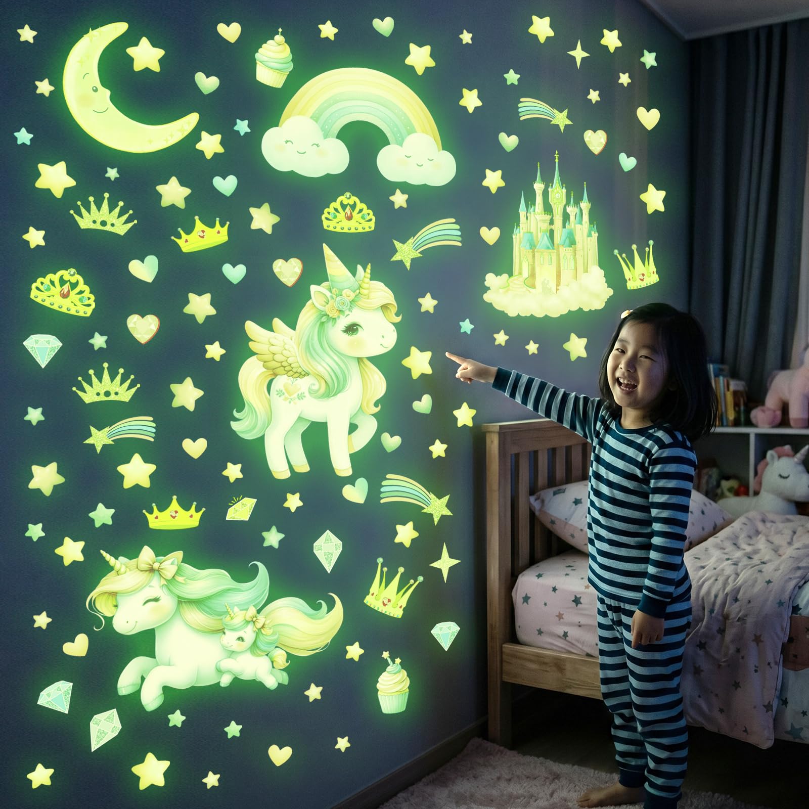 Decowall Girls Glow In The Dark_unicorn Glow In The Dark Unicorn Wall Stickers – Magical Rainbow Star Castle Wall Decals, Nursery Decor For Kids Bedroom (Gds4-8089)