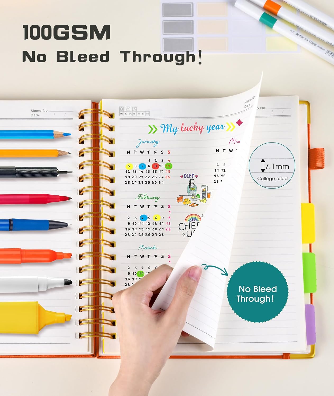 Hardcover Spiral Notebook 8.5"x11" Journal with Removable Dividers Tabs, 300 Pages Leather 5 Subject Notebook College Ruled, Large Notebooks for Work School, Lined Journal for Women, A4 Orange