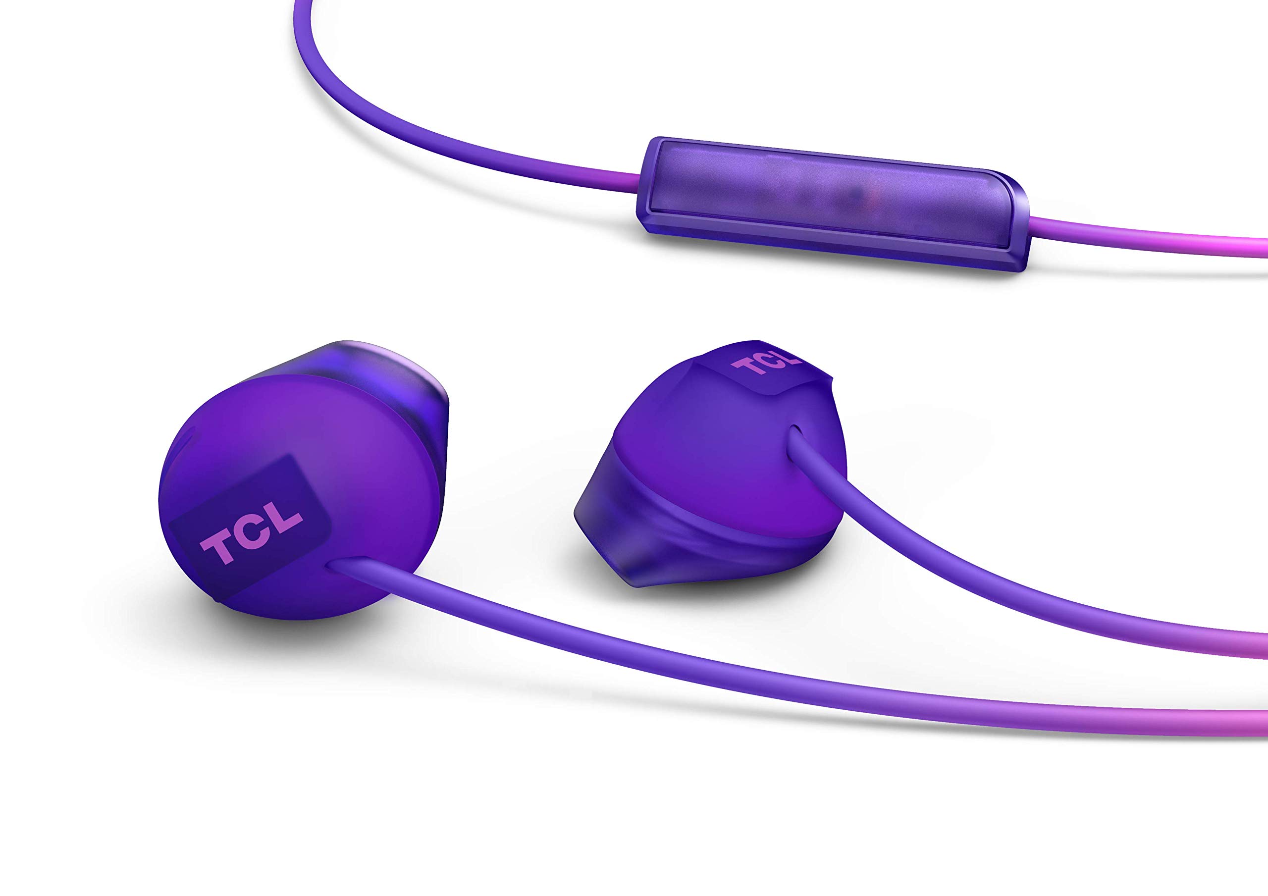 TCL SOCL200 słuchawki douszne z mikrofonem (bezpieczne dopasowanie, wbudowany mikrofon i pilot zdalnego sterowania do sterowania muzyką i połączeniami, usuwanie echo), fioletowy wschód słońca