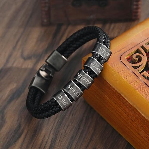 Miniatura 3 de Pulsera personalizada con nombre para hombre, pulsera de cuero personalizada para hombre con 2-5 cuentas vintage grabadas con nombres de familia,