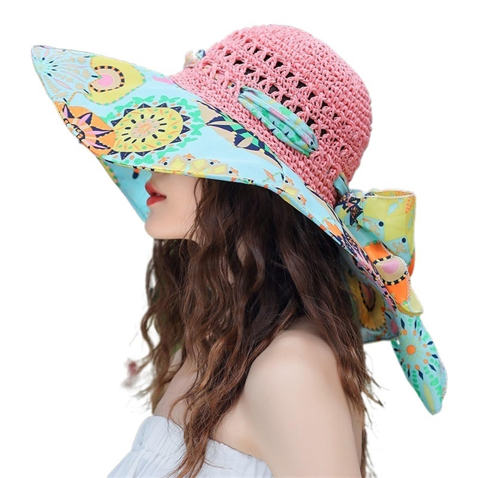 Cappello estivo da donna, pieghevole, in paglia, Panamas, protezione UV, visiera parasole, mare, spiaggia, cappello estivo