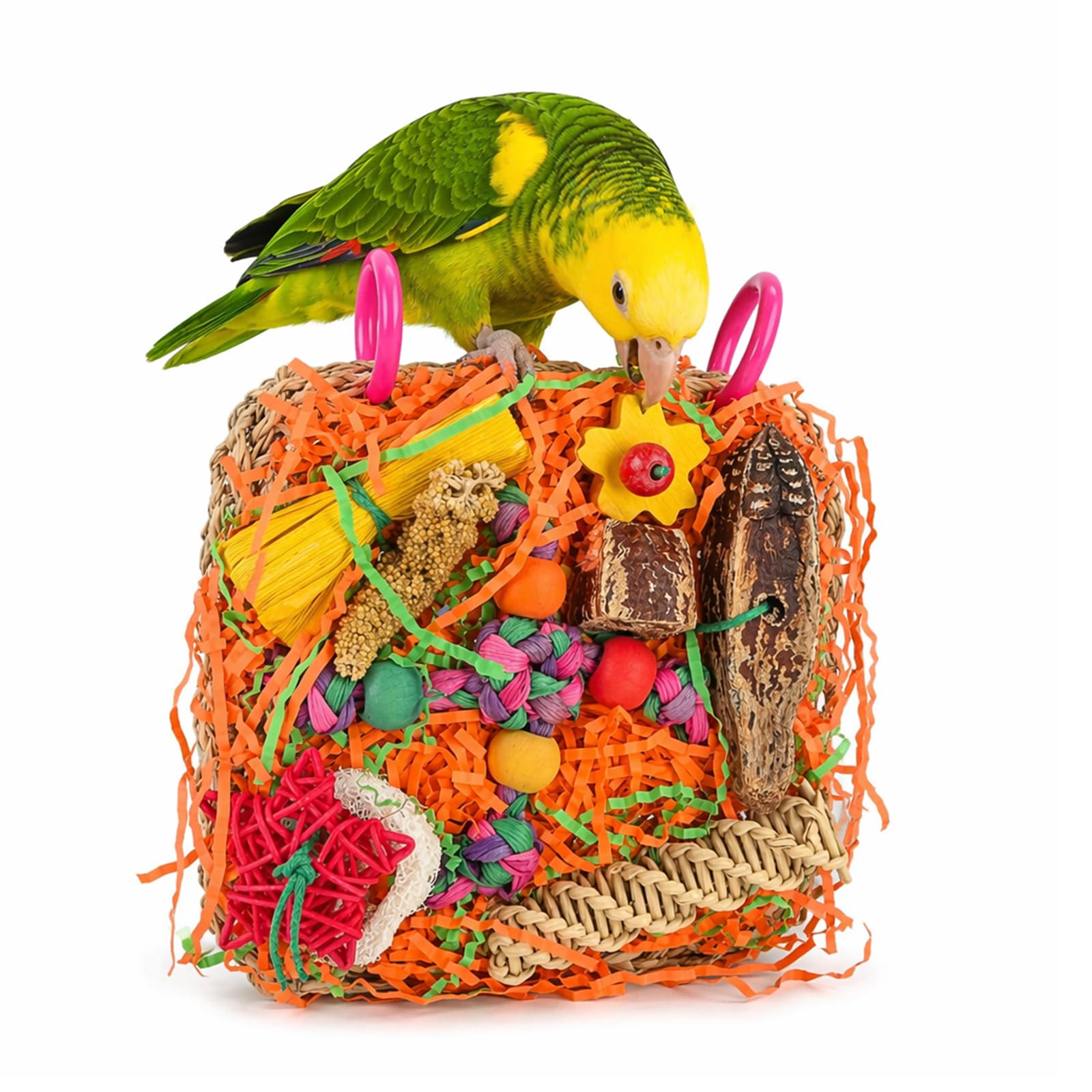 Bird Toys for Parrots, Natural Wood Chewing Foraging Wall and Shredding Toy for Climbing and Preening, Cage Accessories for African Grey, Macaws, Cockatoos, Cockatiels, Budgies and Conures