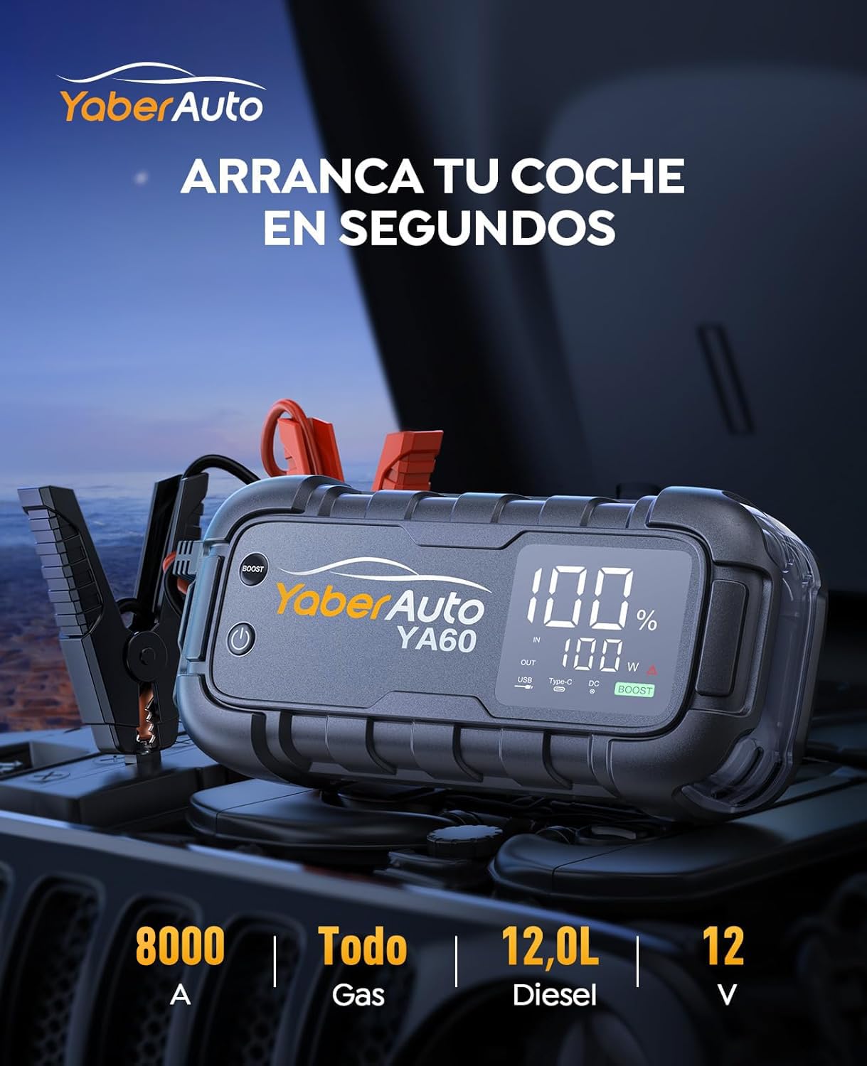 YaberAuto Arrancador de Baterias de Coche 8000A Arrancador de Coches(para Todo vehículo de Gasolina o 12,0L de Diesel) Arrancador Coche Portatil con 65W Carga Rápida,Gran Pantalla LED,Linterna LED