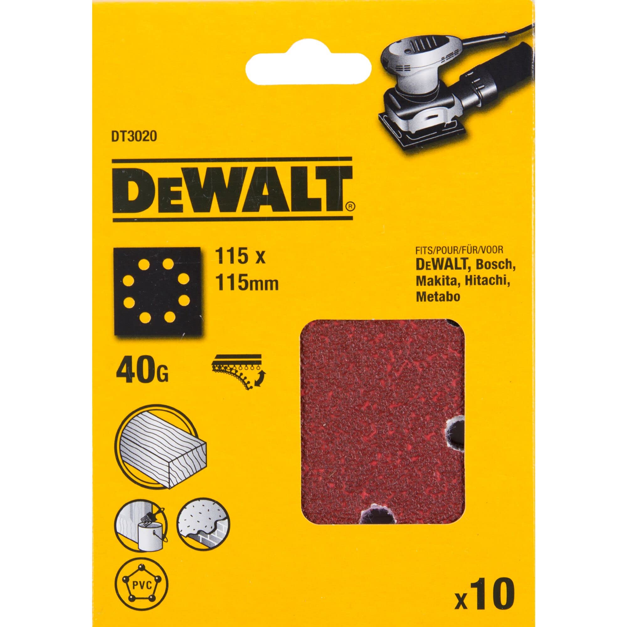 DEWALT Ponceuse Vibrante 1/4 de Feuille, avec Sac à Poussières et Adaptateur d'Aspiration - 230 W - 14000 orb/min, DWE6411-QS + DEWALT Feuille K40, 115 x 115 mm, Set de 10 Pièces, DT3020-QZ