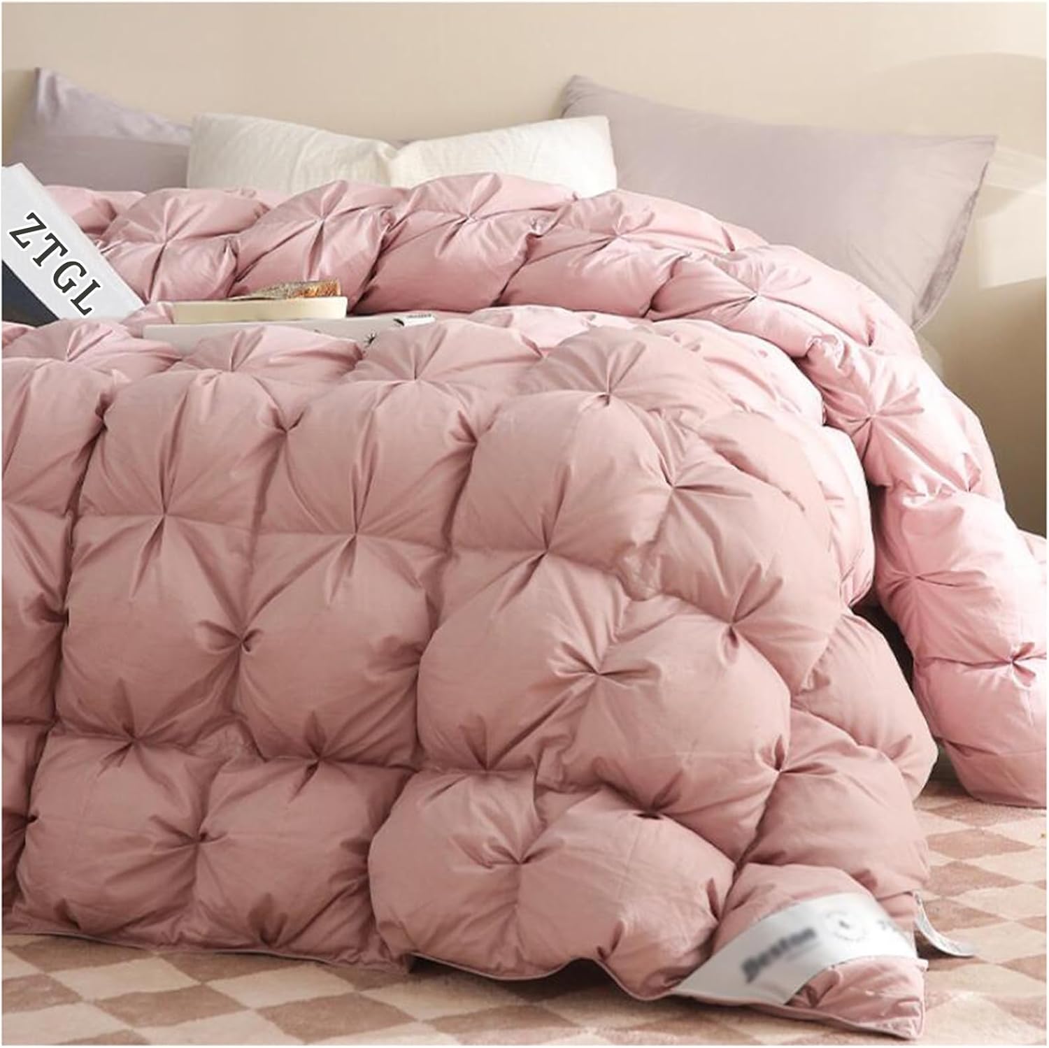 ZTGL Goose Feather Down Comforter Full/King Size, Winter Warm Quilt, 95% White Goose Down, High Density Cotton Fabric - Beautiful Pinch Pleat Design - Baffle Box Construction,Pink,150×200cm/1.9kg