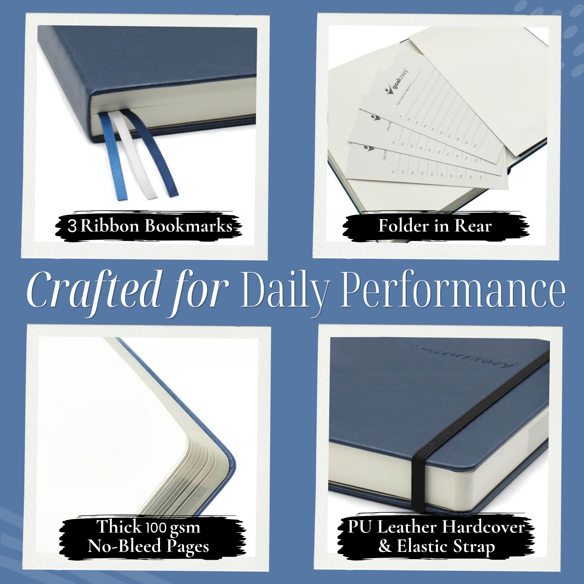 Goal Crazy Agenda journalier non daté – 90 jours A5 2023, planificateur pour les horaires chargés, suivi des habitudes de productivité, inspirant, planificateur de vie quotidienne, pages amandes (bleu