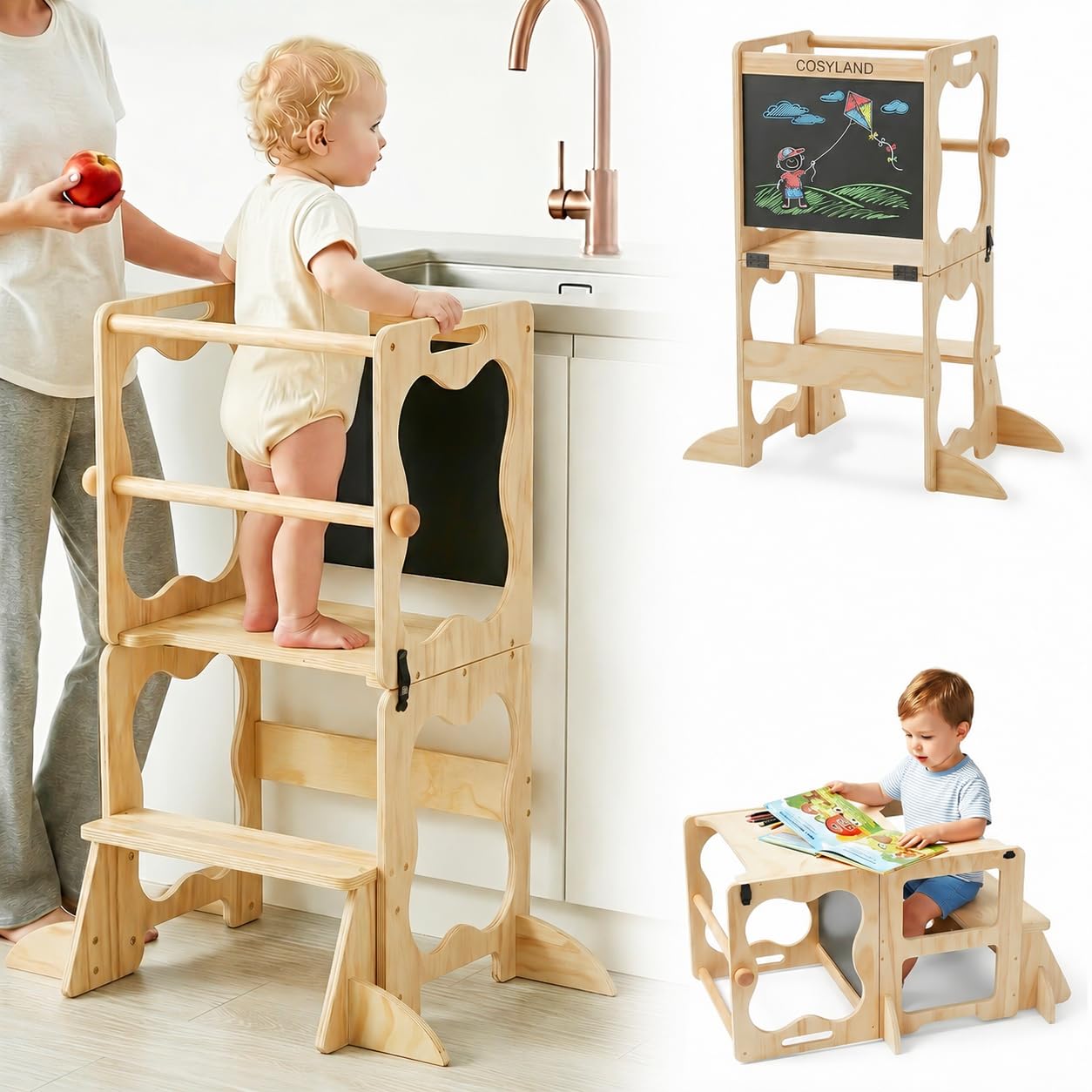 COSYLAND 4-in-1 Toddler Standing Tower, Convertible Kids Kitchen Step Stool with Anti-Drop Safety Rail, Multi-Use Learning Helper Tower for Kitchen Counter, with Blackboard (Natural)