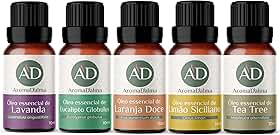 Kit Óleo Essêncial Completo Para Aromaterapia | Os 5 Aromas Mais Populares 100% Puros - Lavanda, Eucalipto, Limão Siciliano, Laranja Doce e Tea Tree (Melaleuca) - Aroma D’alma