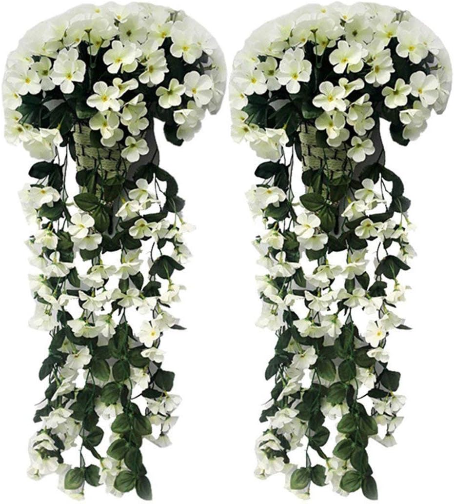 LelestarArtificial Wisteria Vine Fake Flowers Hanging Plant Wall Home Balcony Basket Decor Pack of 2 (White)