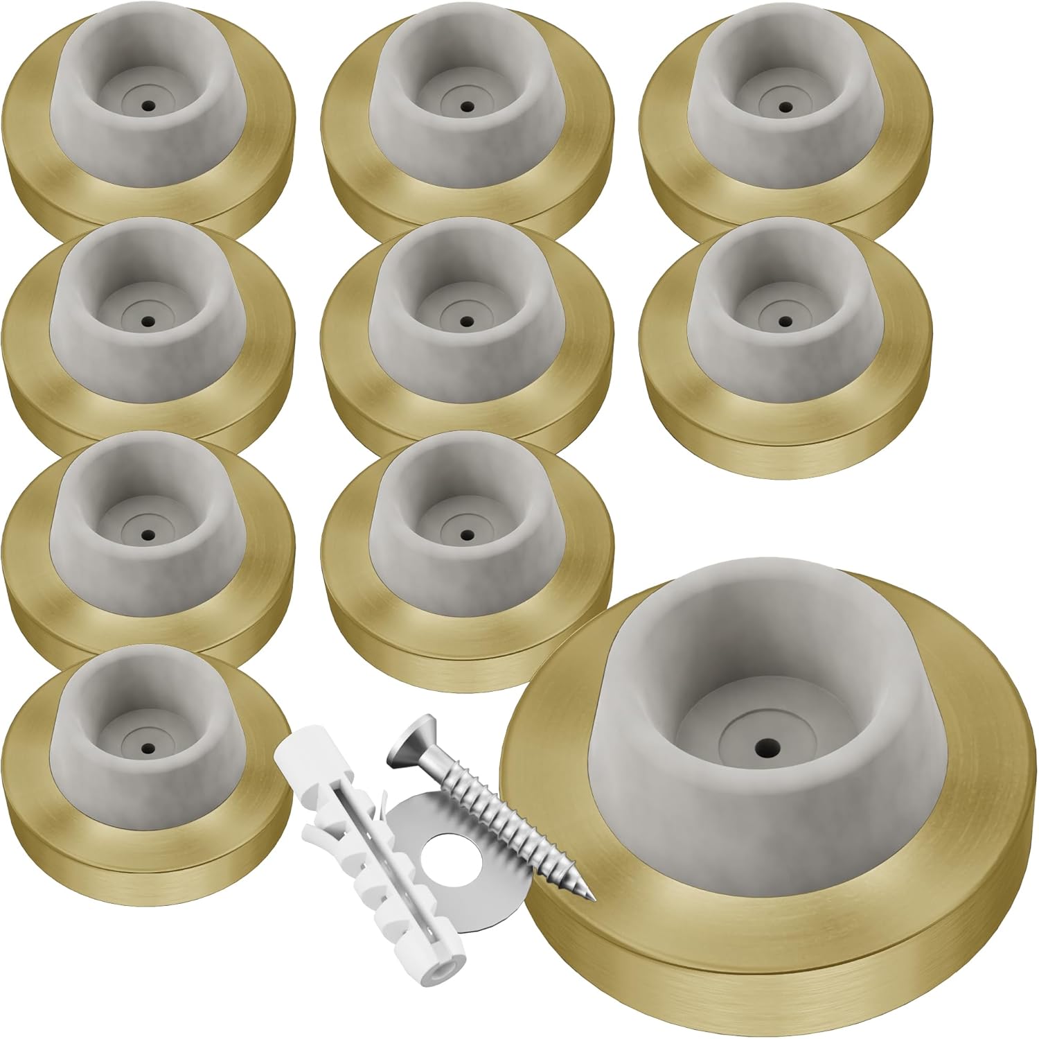 Stainless Steel & Rubber Wall-Mounted Door Stopper by NYCO Architectural Hardware- Heavy Duty Round Door Bumper for Wall & Door Protection- Modern Universal Door Slam Stopper (Satin Brass Grey Rubber)