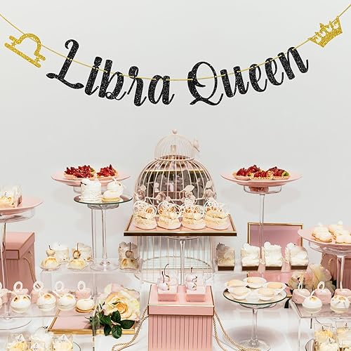 Miniatura 6 de Cartel negro con purpurina Libra Queen, pancarta de temporada de Libra para niñas Libra mujeres, decoración de fiesta de cumpleaños, guirnalda de
