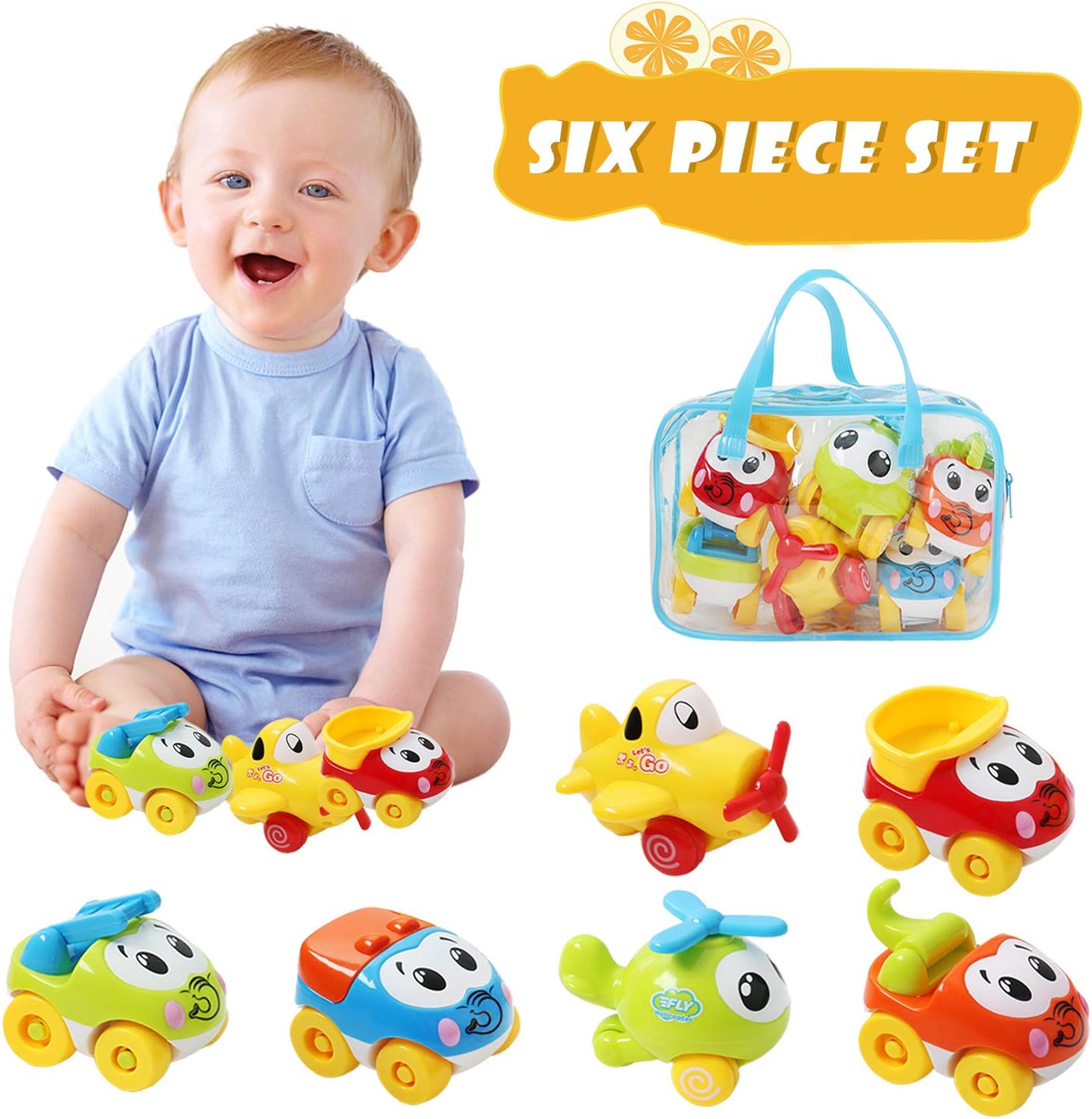 OKPOW Baby Early Educational Car Toys, Friction Powered Push and Go Construction Vehicles Set of 4PCS for Toddlers Kids Boys Girls