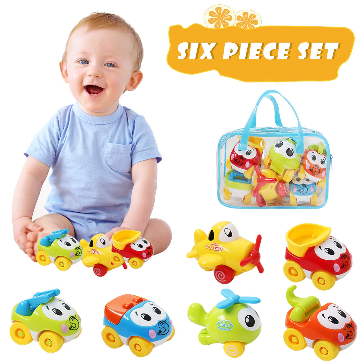 OKPOW Baby Early Educational Car Toys, Friction Powered Push and Go Construction Vehicles Set of 4PCS for Toddlers Kids Boys Girls