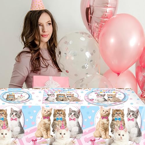 Miniatura 7 de Suministros para fiesta de cumpleaños de gato, 62 piezas de decoración de fiesta de gato y juego de vajilla - Decoración de fiesta de cumpleaños de