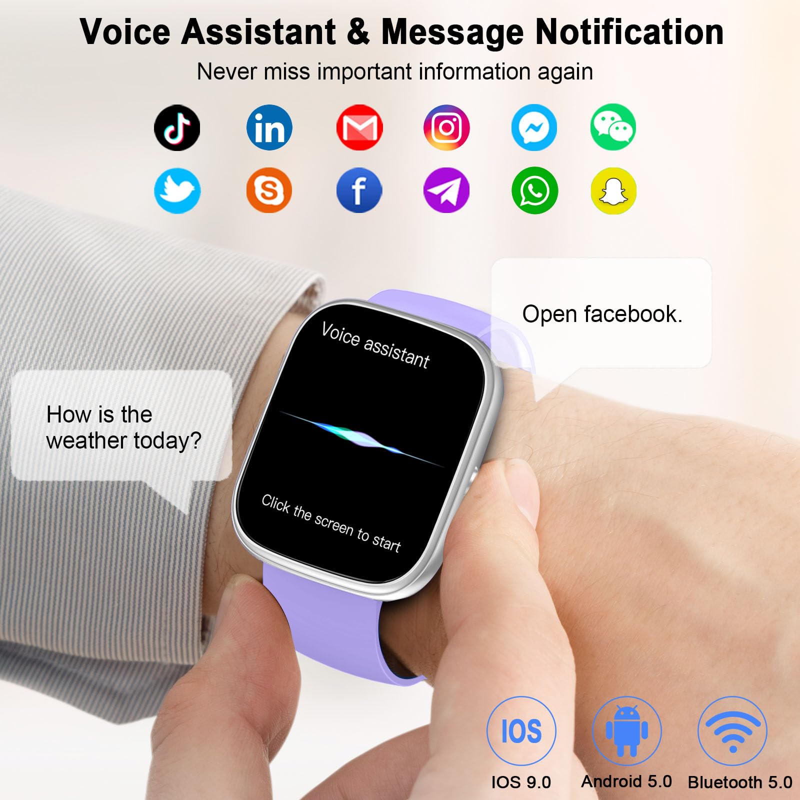 Smartwatch Uomo Donna, 1.91" Orologio Fitness con Effettua/Risposta Chiamate, 110+ Sportive Fitness Tracker, Sonno Cardiofrequenzimetro, Contapassi/Calorie/Impermeabil IP68 Smart Watch, Argento-Viola