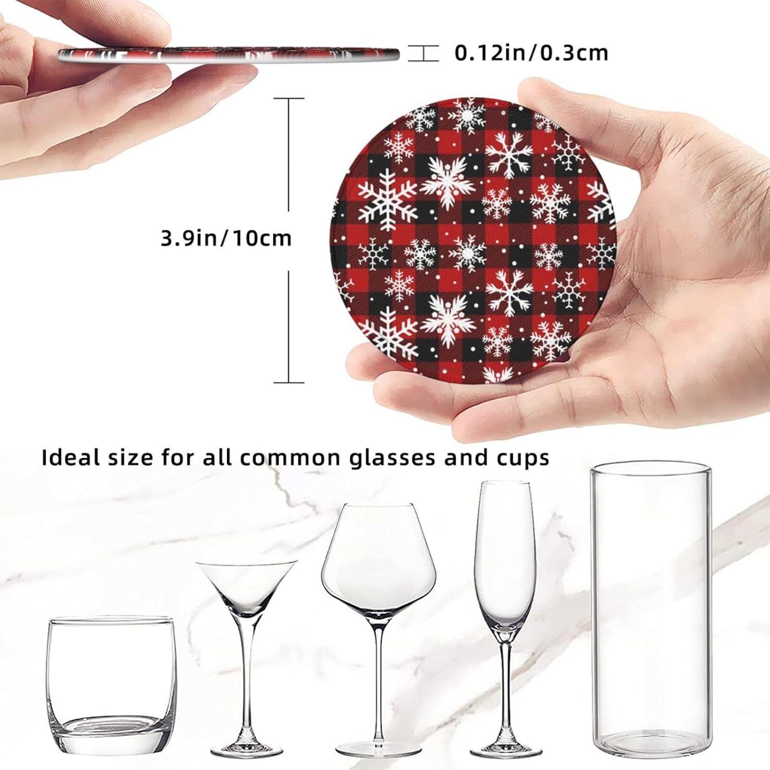 6 Pcs Christmas Coasters for Women Men, 4 Inch Xmas Red Plaid Coaster with Holder for Home Kitchen Office Table Decor