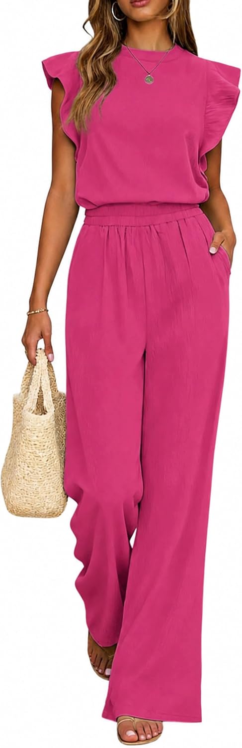 ZEEJINNG Women's 2 Piece Outfits Ruffle Cap Sleeve Tops Wide Leg Pants Matching Sets Lounge Vacation Travel