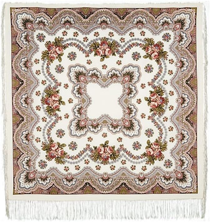 Pavlovo Posad Crane 100% Wool Russian Shawl with Silk Fringe 50х50'' (125x125 cm) White