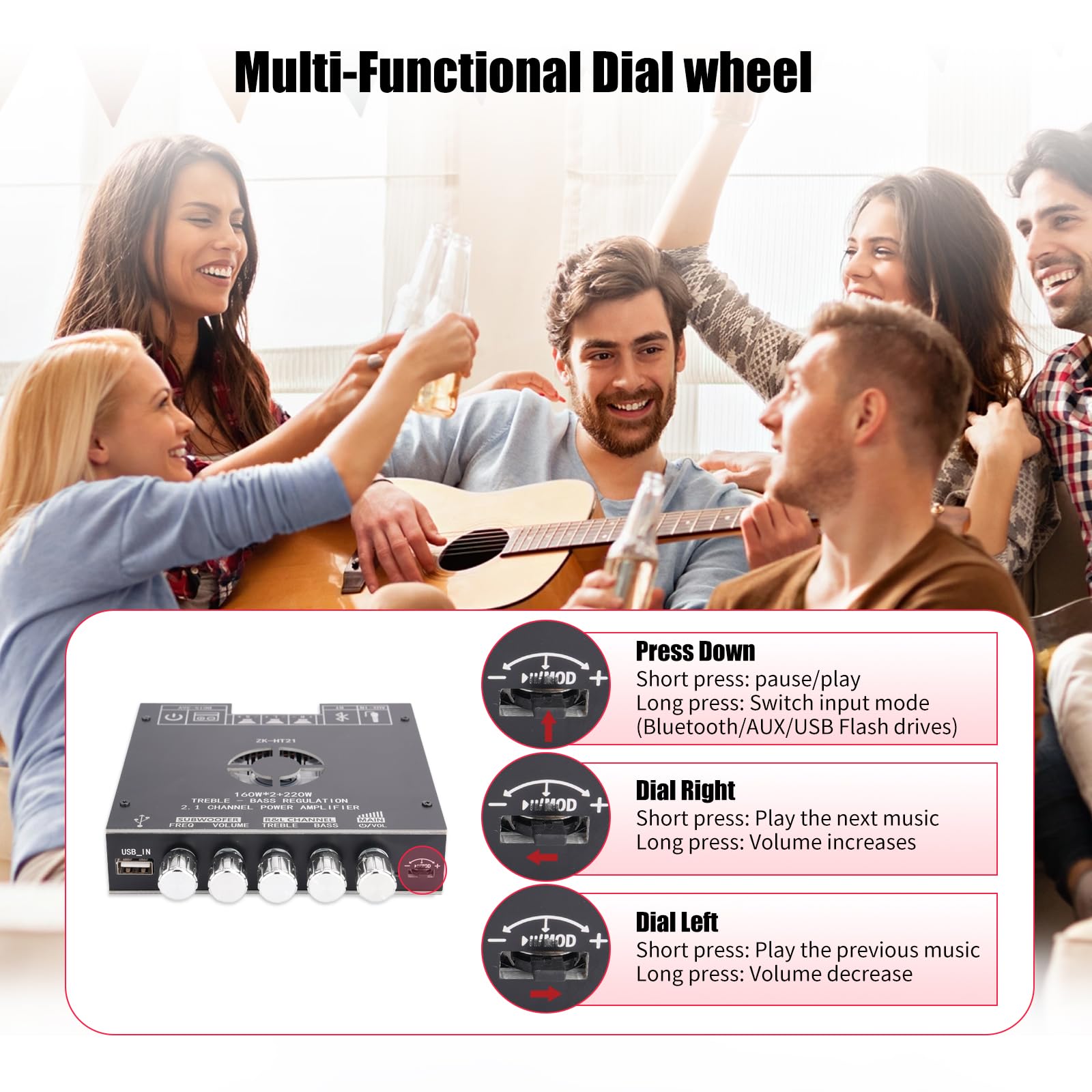 Module Amplifi HiFi 2.1 Canaux avec Bluetooth, 160Wx2 + 220W Caisson de basses, Amplificateur Stéréo Numérique Mini, Puce TDA7498E, Entrées BT 5.0/USB/AUX, DC 15-36V, Carte Son ZK-HT21 pour Home Ciném