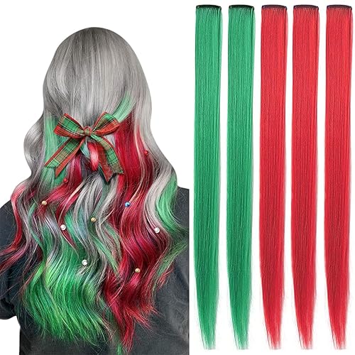 Miniatura 5 de Extensiones de cabello de colores navideños de 21 pulgadas, extensiones largas y rectas con clip sintético para niños, niñas y mujeres, suministros