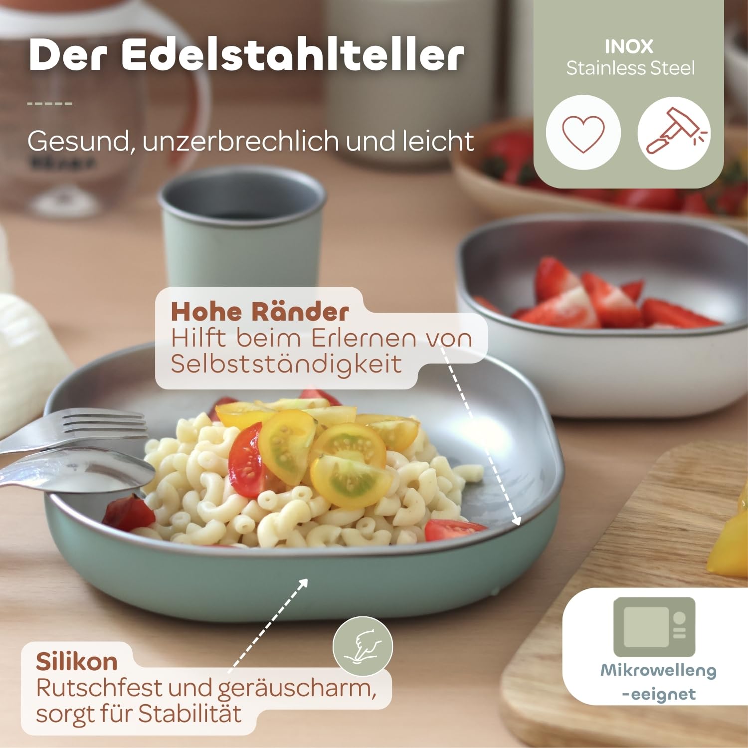 BÉABA Baby-Essensset Geschenkset ab 4 Monaten – Edelstahl-Teller mikrowellengeeignet, Ergonomisches Besteck, Lätzchen mit Ärmeln, Aufbewahrungsbox, Gesunde und Langlebige Materialien – Salbei-Grün