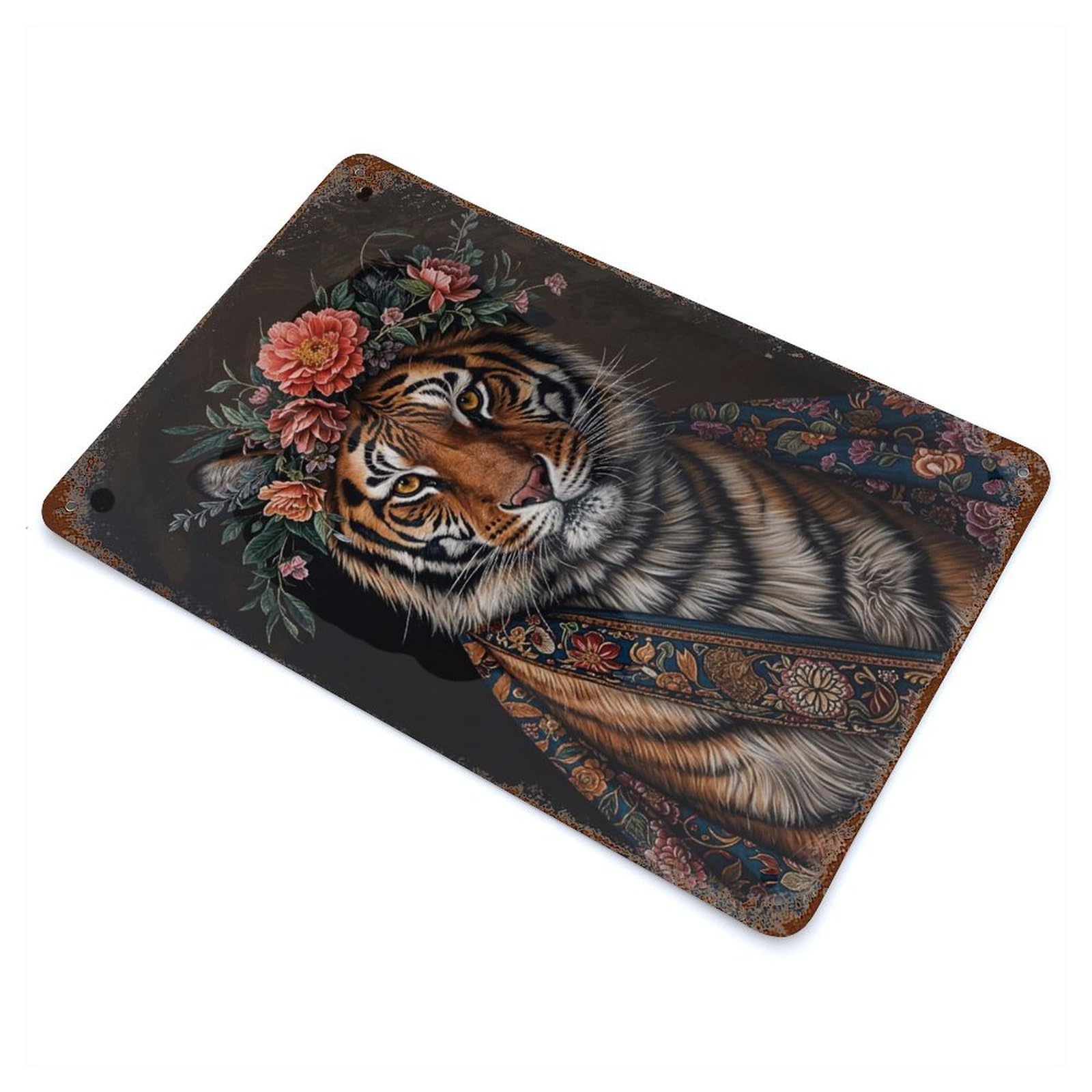 Tiger with Flowers Rusty Metal Tin Sign 11.8"x7.9", for Pub, Kitchen And Man Cave Decor, Farmhouse Wall Decor