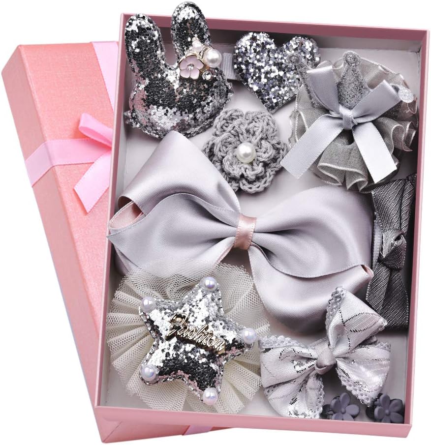 Coreykin Girl Hair Clips 10 Pcs Girl Bowknot Flower Hair Clip Multi-Style Bow Hairpin Ribbon Xmas Gift (Gray)