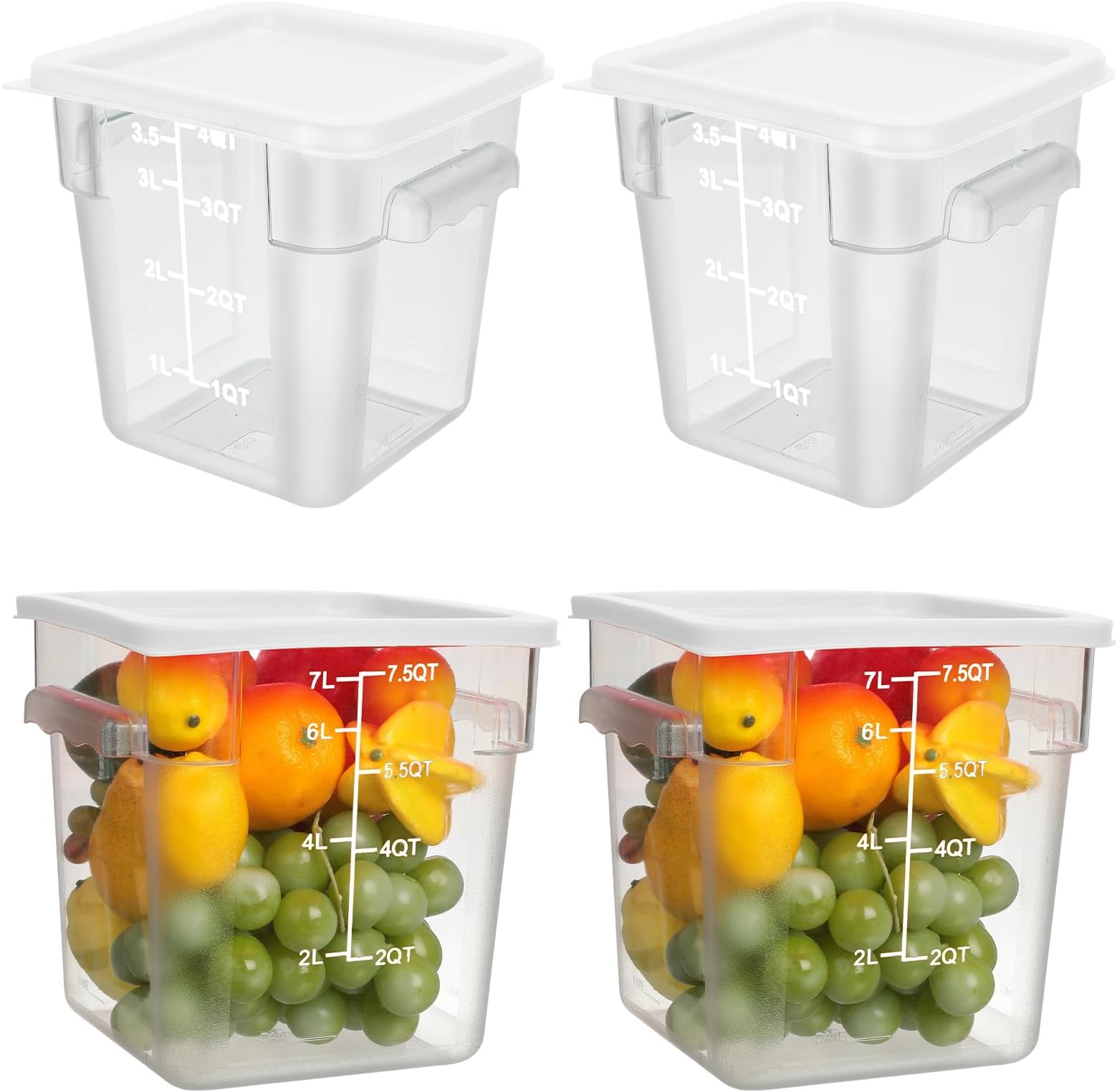 4 Pcs 8qt & 4qt Clear Food Storage Containers with Lids Handles and Scales, Stackable Plastic Square Food Storage Containers for Dough Proofing Baking Kitchen Restaurant(White)