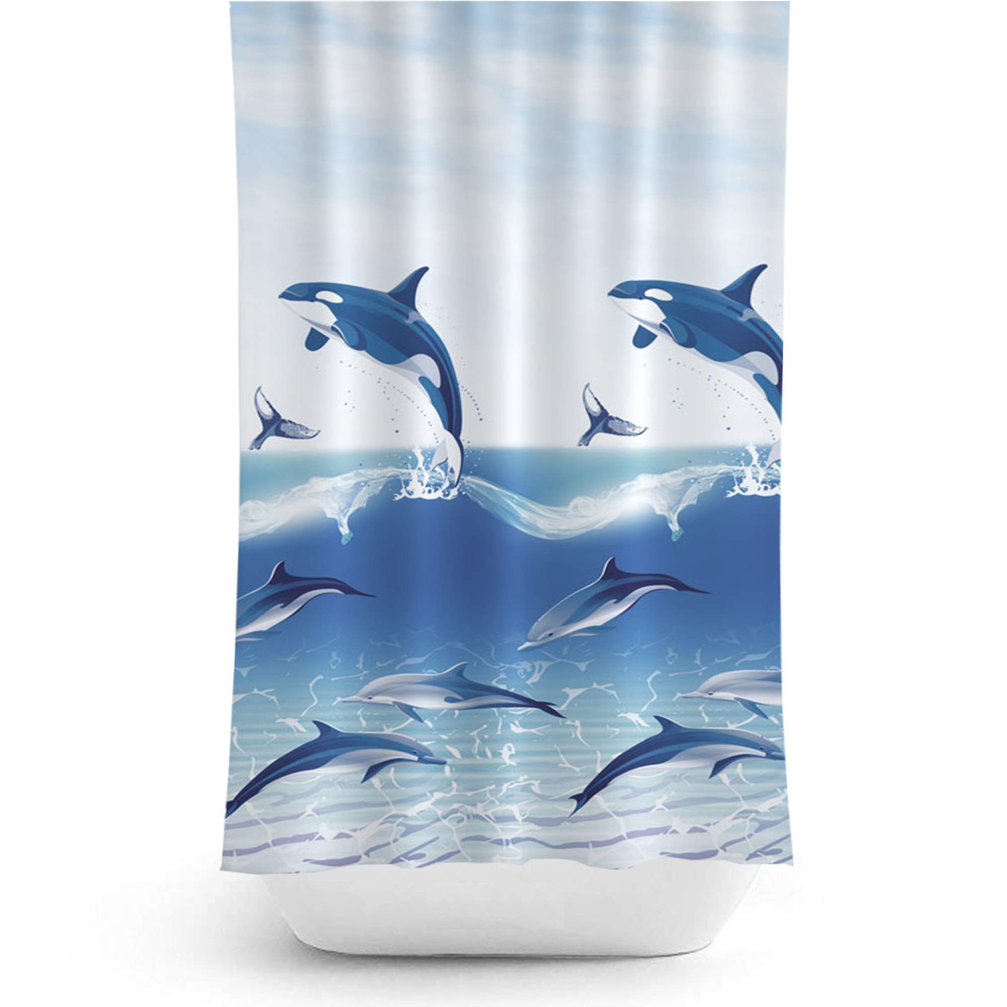 Tropik Home Bathroom Fabric Shower Curtain Extra Long and Wide with Whales and Dolphin Print, 180cm Wide x 200cm Drop