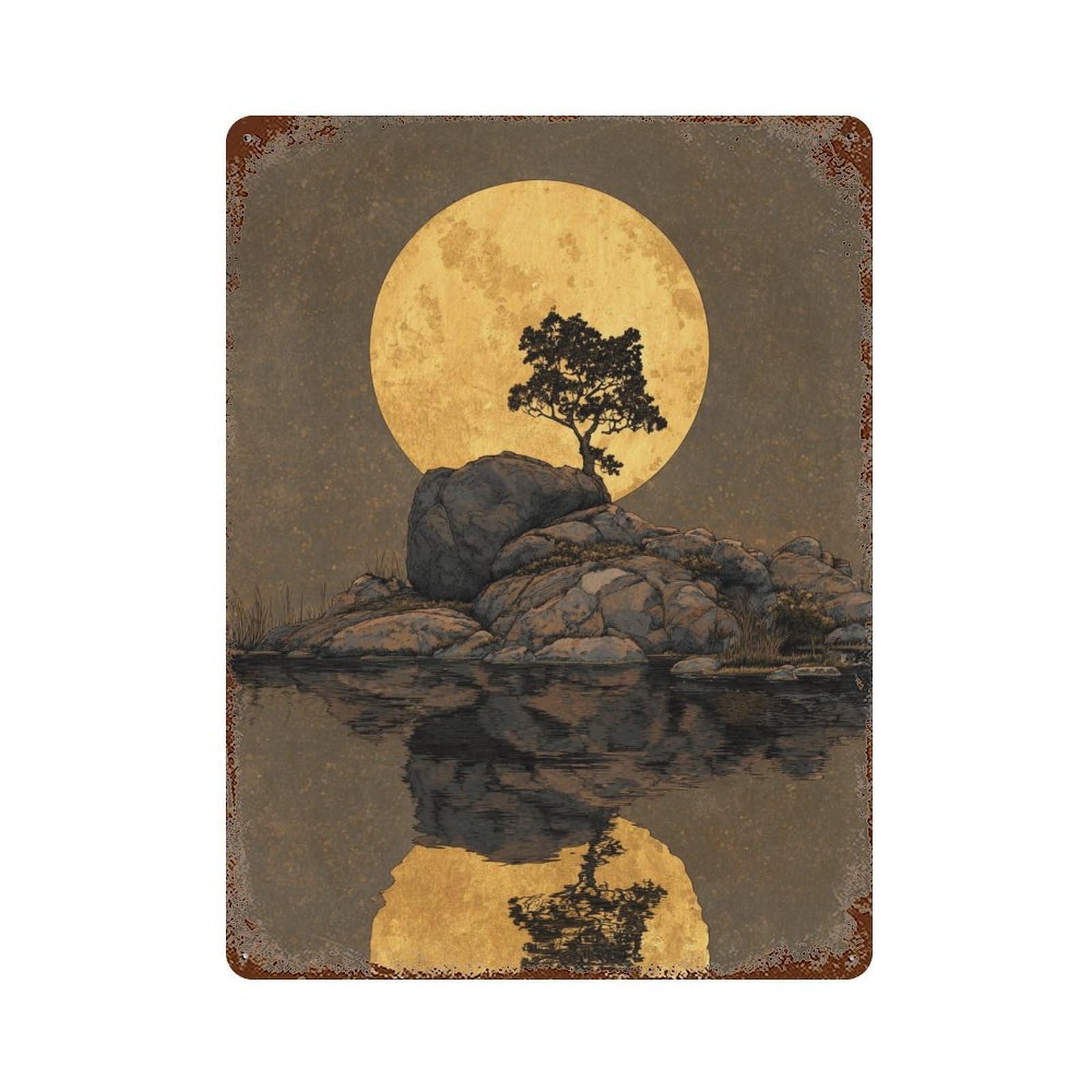 Full Moon Reflection Landscape Vintage Rust Metal Sign 15.7"x11.8", Shabby Chic Decor for Shed, Workshop And Garage Wall Decor