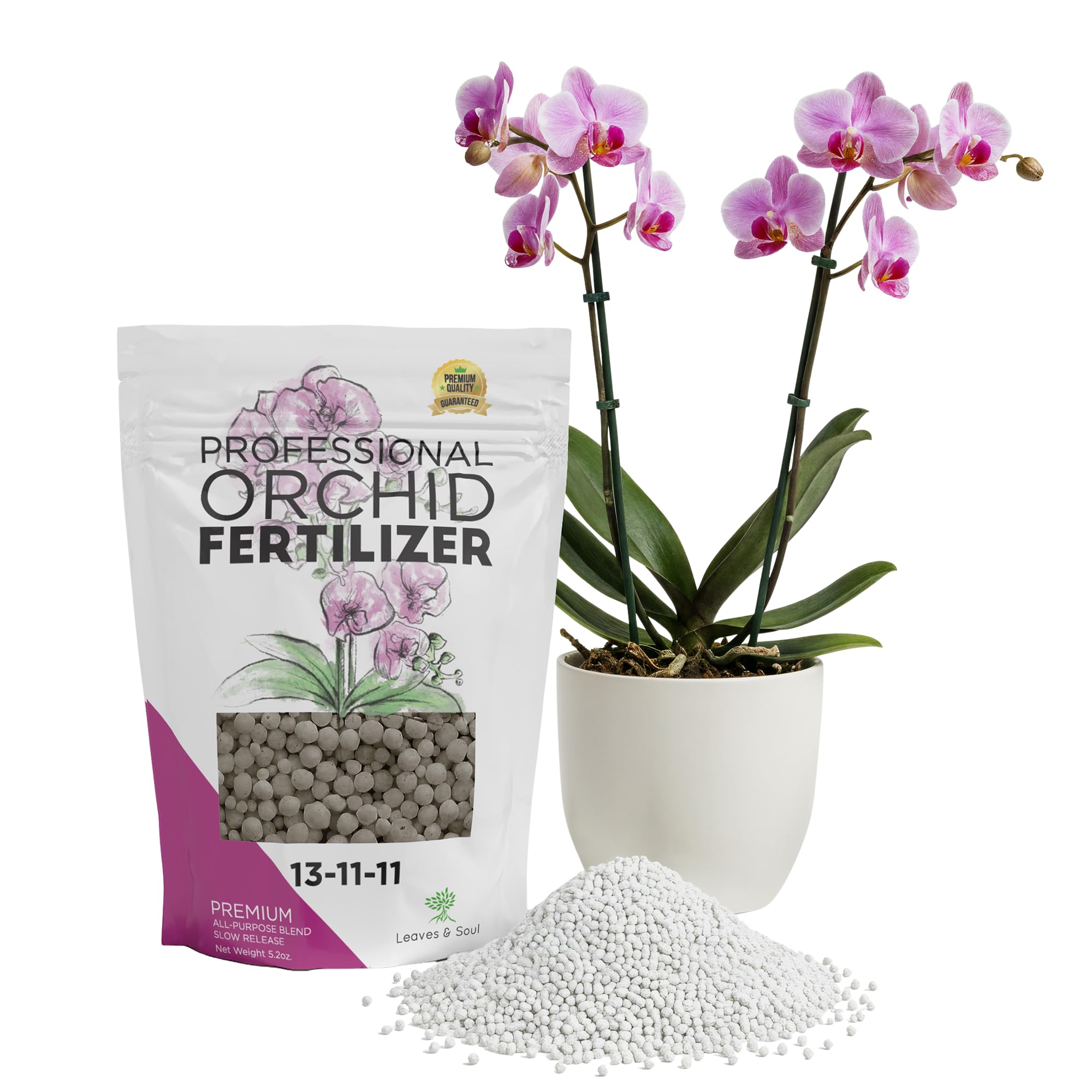 Leaves and Soul Orchid Fertilizer Pellets |13-11-11 Slow Release Pellets for Seedlings and Mature Plants | Multi-Purpose Blend & Gardening Supplies, No Fillers | 5.2 oz Resealable Packaging
