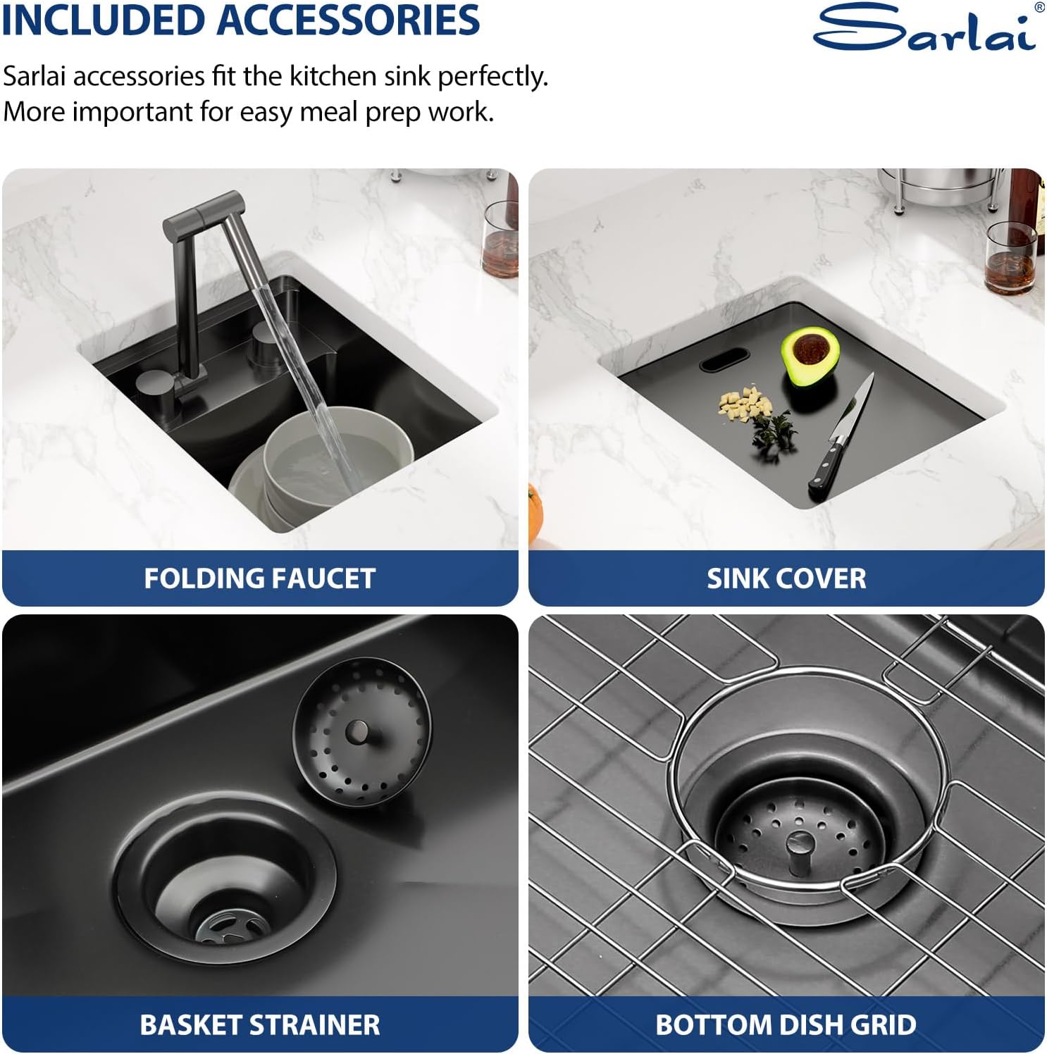 Sarlai Black Undermount Bar Sink With Foldable Faucet - 13x15 Inch Outdoor Black Kitchen Sink RV Workstation 16 Gauge Stainless Steel Single Bowl Handmade Outdoor BBQ Sinks with Lid