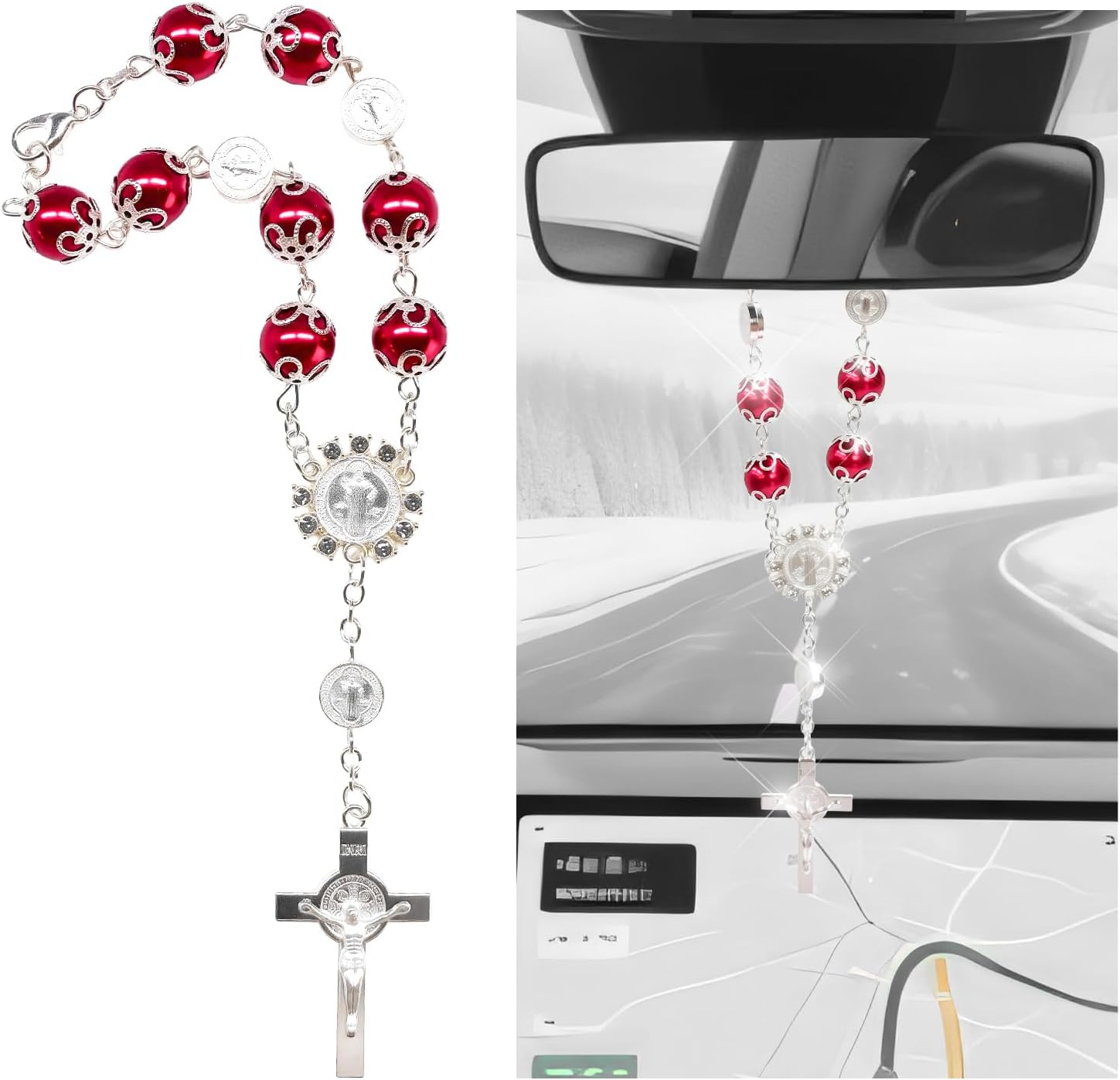 2 PCS Car Rosary for Rearview Mirror, Catholic Rosary Auto Hanging Ornament with Cross Pendant, Personalized Religious Cross Blessing Beads Interior Decoration for Most Vehicles (Black+White)