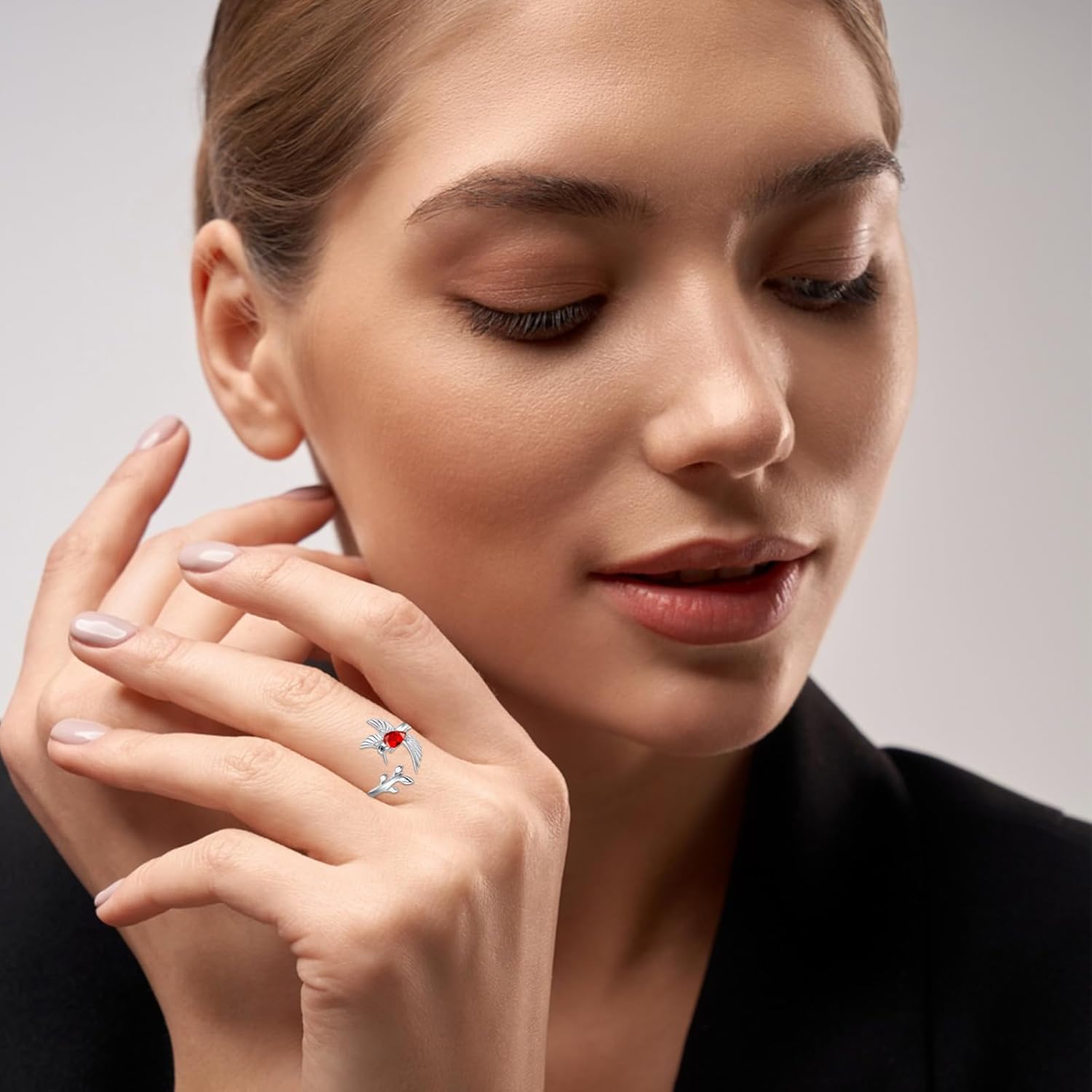Midir&Etain Hummingbird Leaf Ring for Women Birthstone Ring Open Adjustable Jewelry Sterling Silver Birthday Gifts