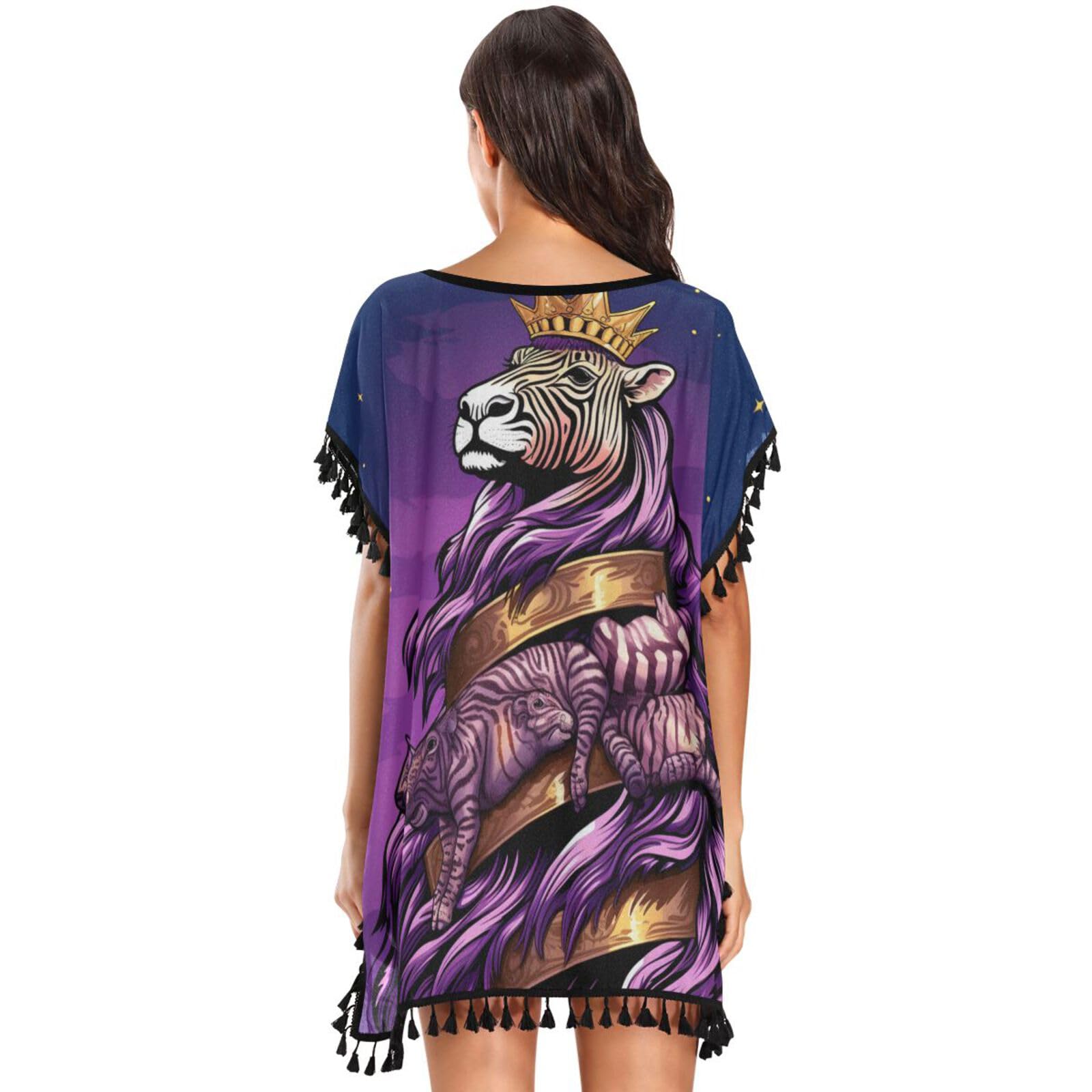 KAAVIYO Doodle Style Cute Zebra Women's Beach Cover Up Chiffon Tassel Swimwear Swimsuit Coverups for Girl