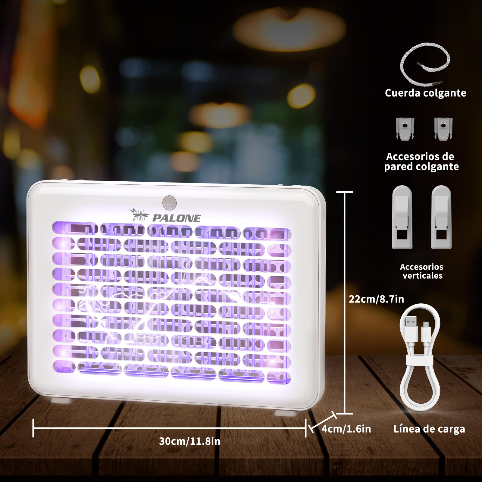 PALONE Lampara Antimosquitos 4000V, Mata Moscas Eléctrica USB 1200mAh, Trampa para Mosquitos con 3 Bombillas LED UV para Interior y Exterior, Suspendible con Cordón (30 * 22 * 4 cm)