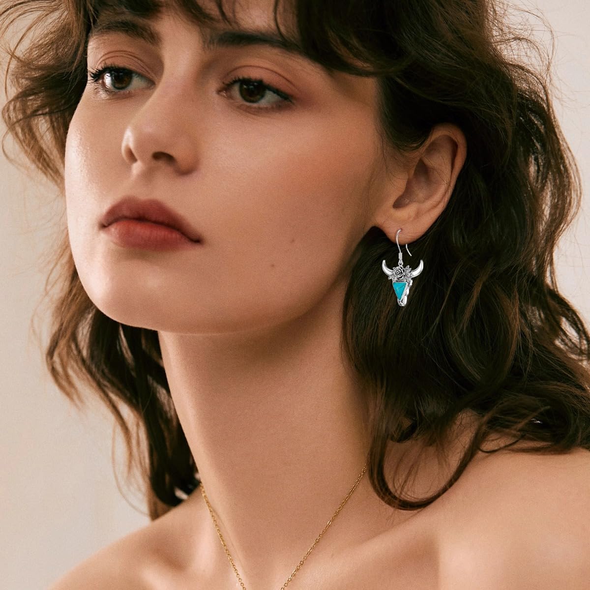 Turquoise Cow Skull Earrings 925 Sterling Silver Turquoise Cow Head Dangle Earring Bohemian Western Jewelry Gifts for Women Cowgirls - Image 2