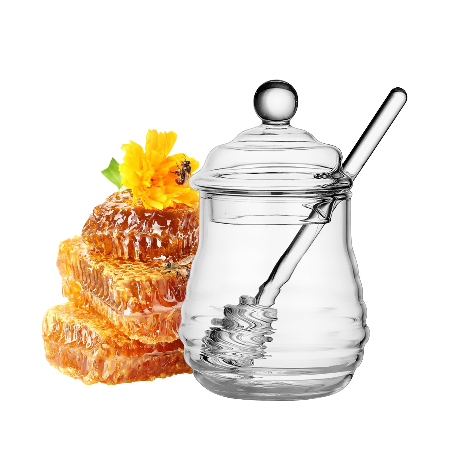 FHISKUNYU, honigspender, honigglas, honigglas mit honiglöffel, 300 ml Glasflasche mit Glaslöffel, ideal für die Aufbewahrung von Honigwaben, Marmelade, Sirup Küche, Haushalt & Wohnen