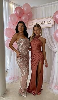 Amazon.com: Women's Halter Black Satin Bridesmaid Dresses for Wedding Mermaid  Prom Dress Long Formal Party Gown with Slit YH57 0 : Clothing, Shoes &  Jewelry