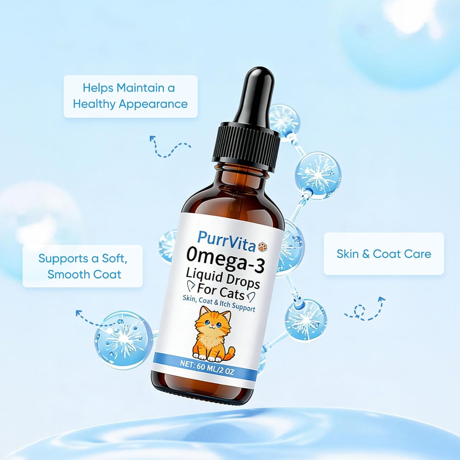 PurrVita Omega-3 Liquid Drops for Cats – Supports Healthy Skin & Coat, Natural Fish Oil Supplement for Feline Wellness 60ml (1)