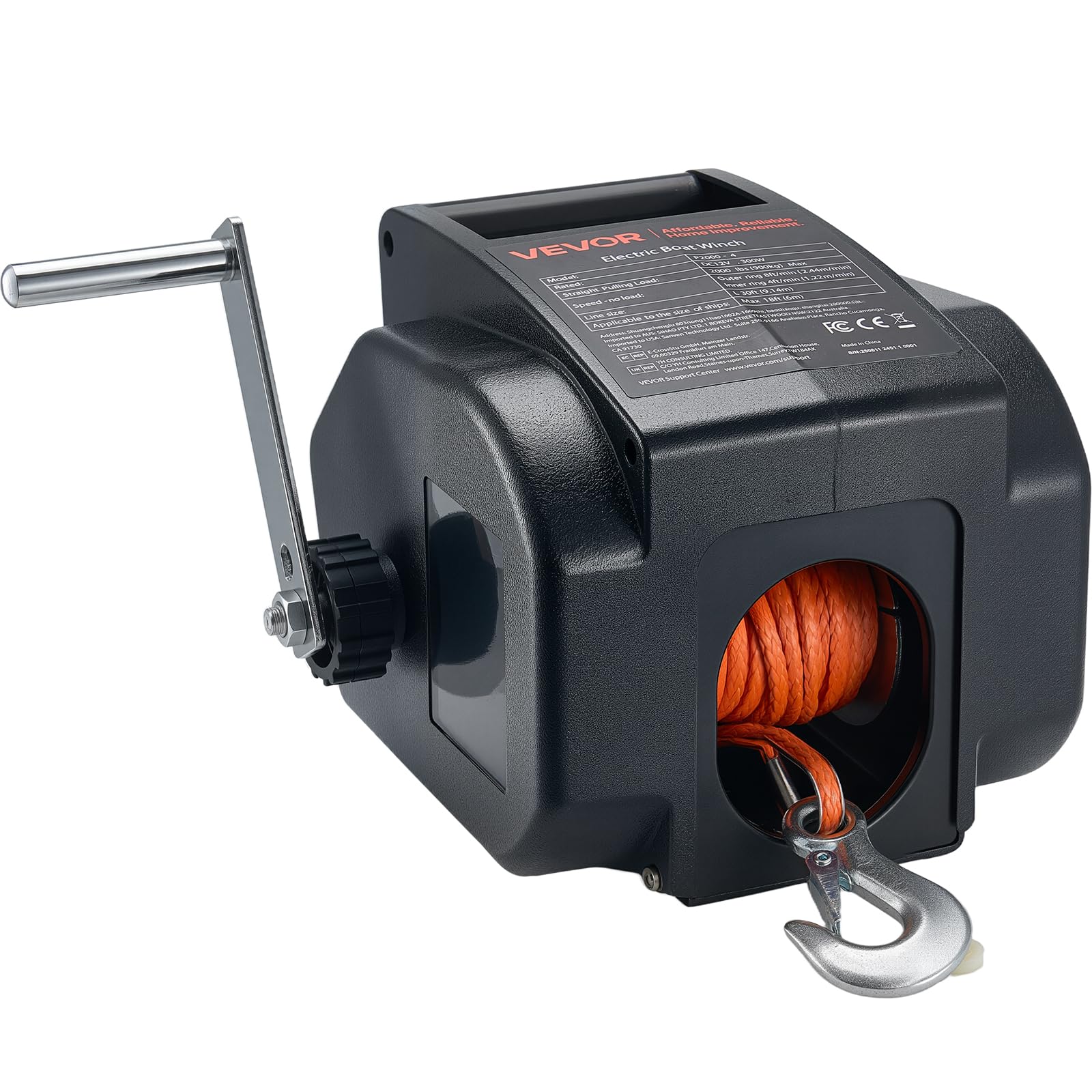 VEVOR Cabrestante Eléctrico, 12 V CC, 300 W, Reversible para Embarcaciones de hasta 900 kg, con Encendido y Apagado Automático, con Control Remoto con Cable y Manivela, 245 x 256 x 196 mm, Negro