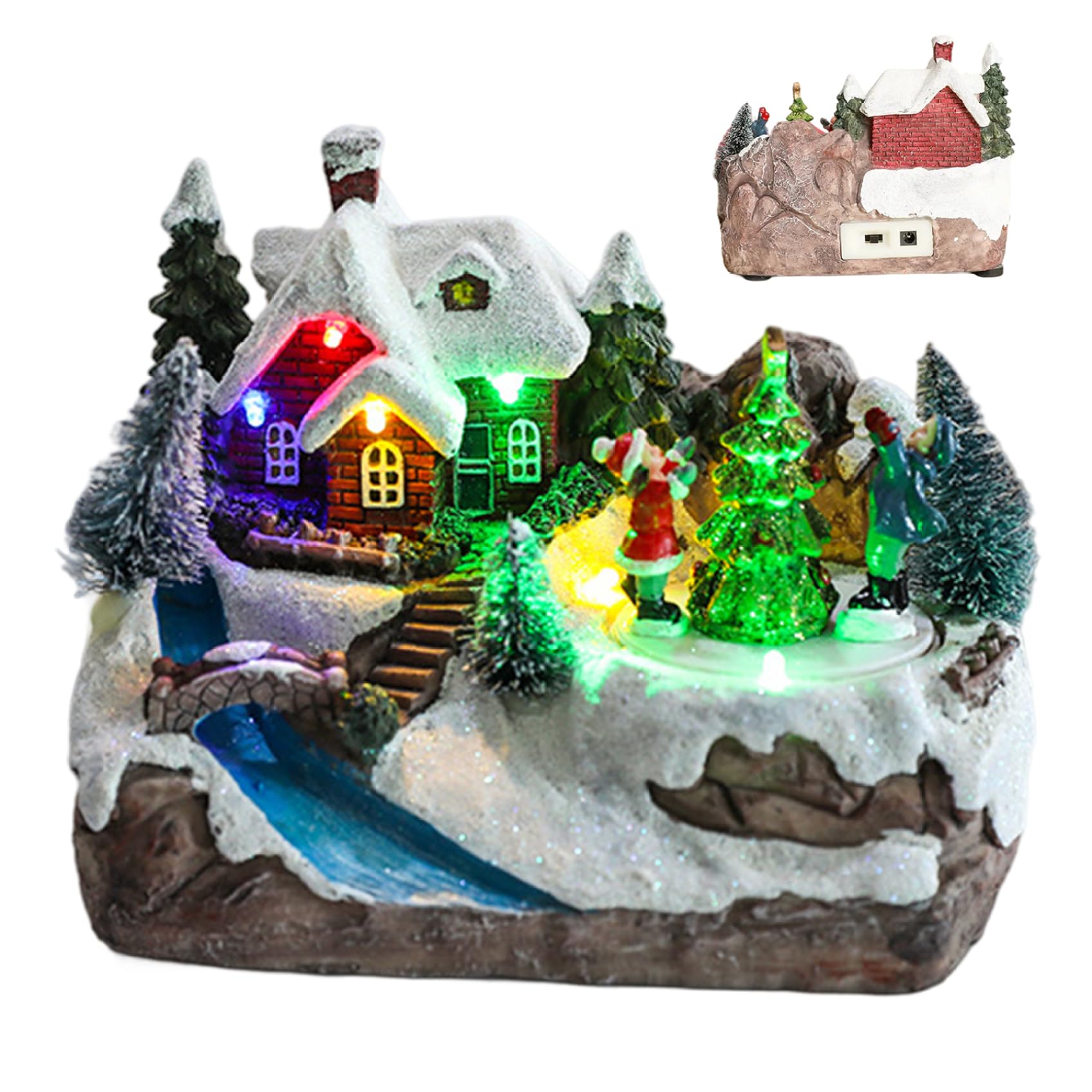 Nidone Colorful Musical Christmas Village House, Resin Electric Christmas Village Figurines With Spinning Xmas Tree & Led Light For Home Party, Usb/Battery(No Battery)