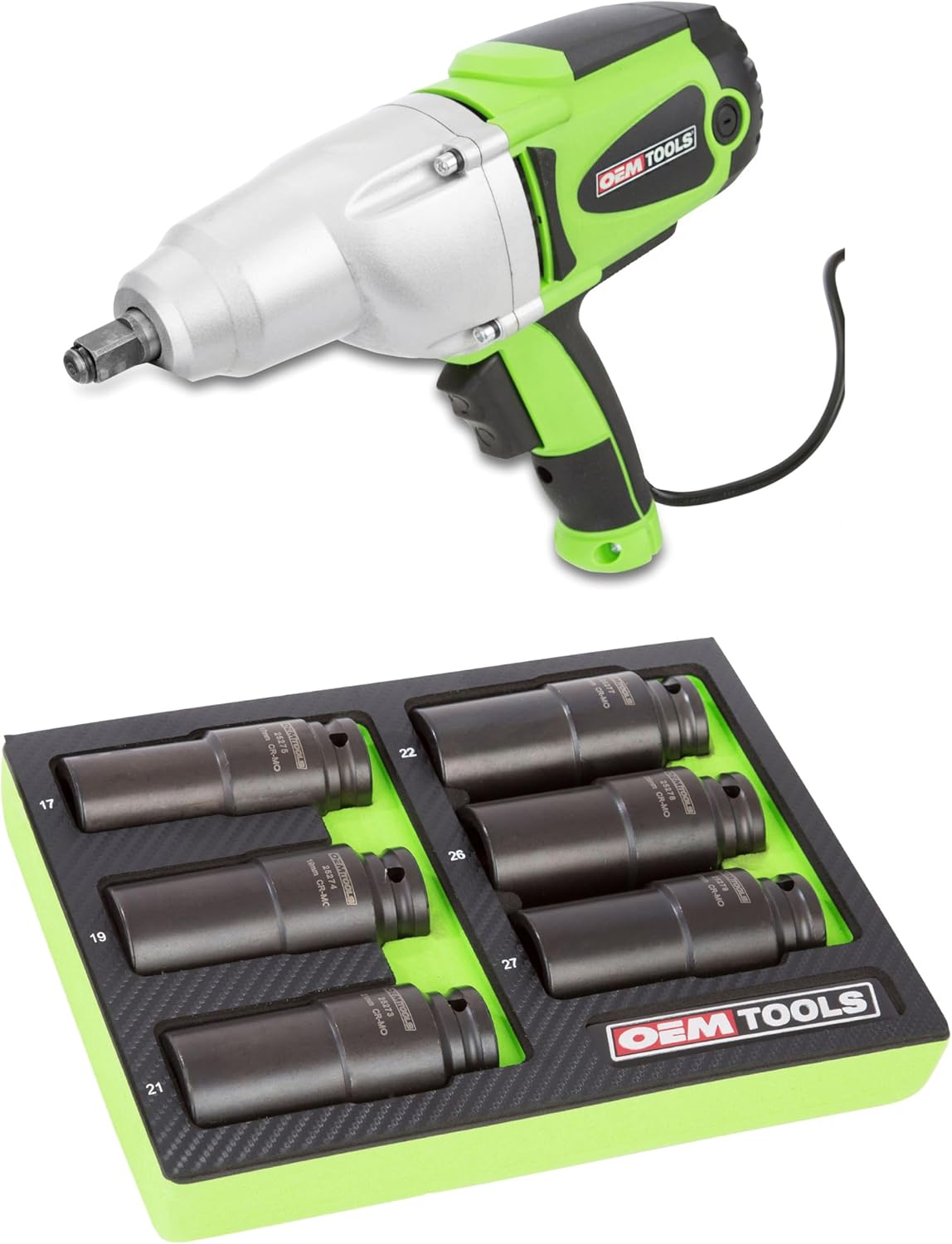 OEMTOOLS 1/2” Drive Heavy Duty Impact Wrench, 6 Piece Harmonic Balancer Puller Socket Set, Crankshaft Bolt Removal Tool Heavy Duty Impact Sockets, 8.5 Amp Electric Wrench, 400 Ft/Lb Maximum Torque