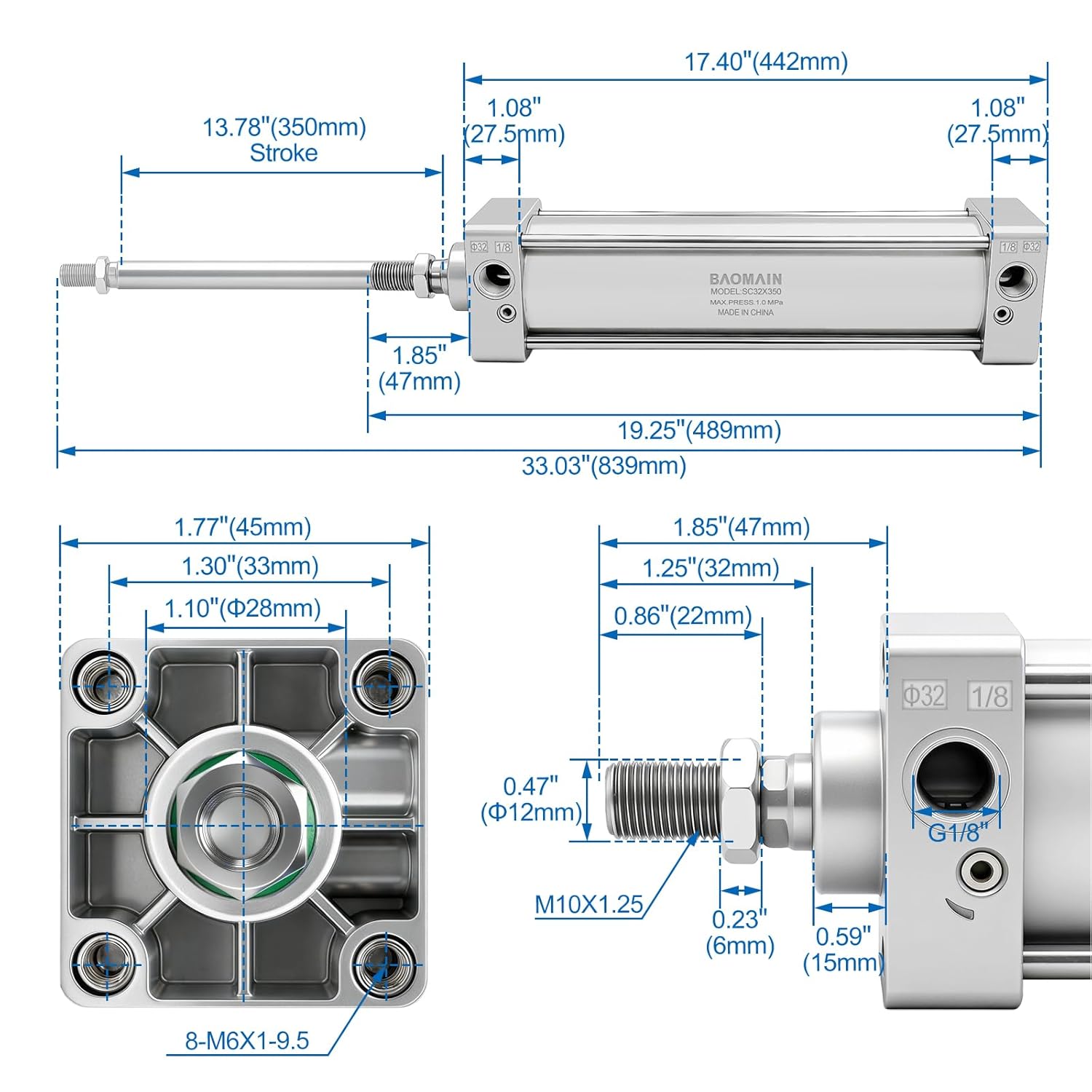 Baomain Pneumatic Air Cylinder SC 32 x 350, PT 1/8 Port, 1-1/4" Bore, 13.78" Stroke, Single Rod Double Acting, M10X1.25 Threaded Rod, with 2X Push-in Fittings