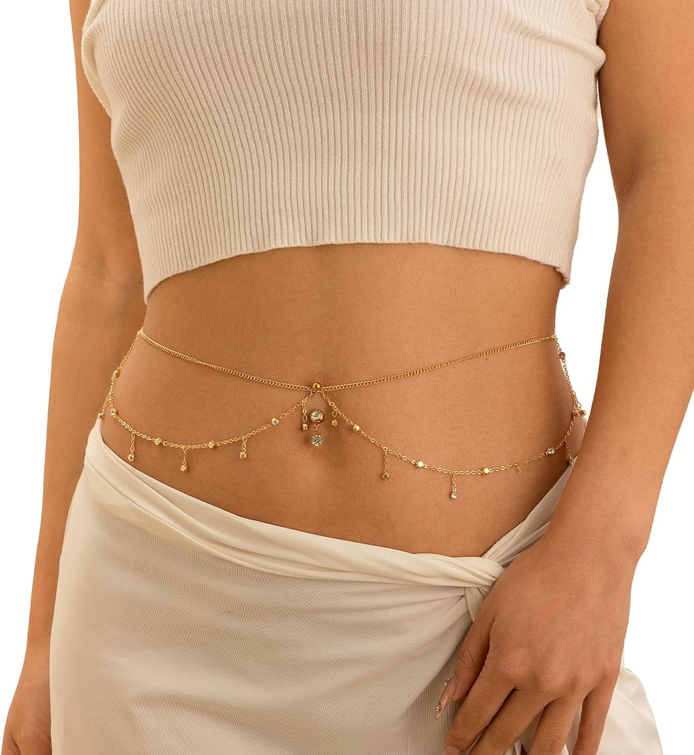 Sexy Multi-layered Crystal Waist Chain Dangle Belly Button Ring Summer Beach Rhinestone Navel Piercing Dangle Waist Chain Bikini Crystal Belly Chain Jewelry for Women - Image 2